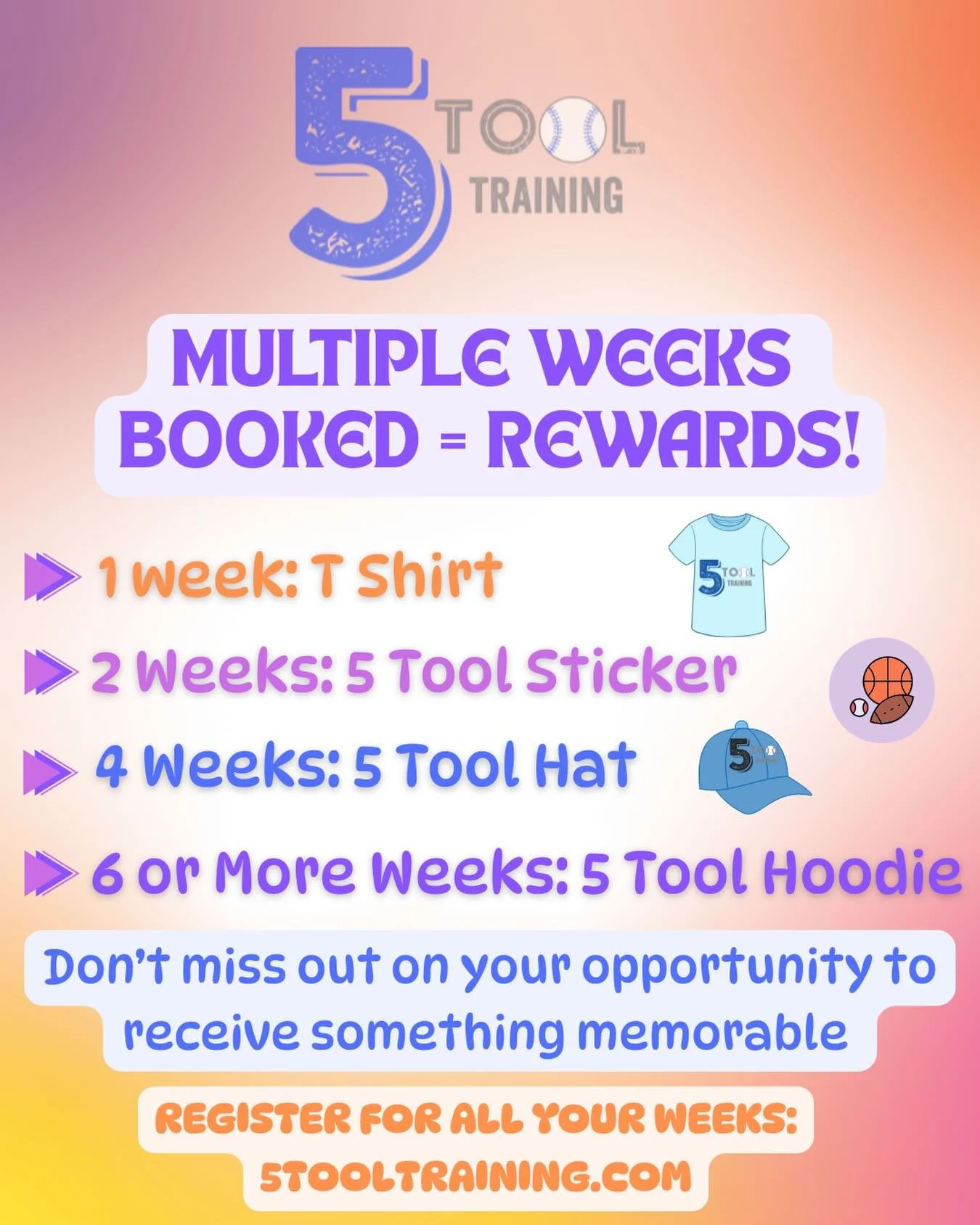 This summer is all about FUN 🎉☀️

The more weeks you join us at camp, the more you get rewarded just for being part of the experience!

First week = camp shirt 👕
We have upgraded to Dri-Fits! So just one shirt this summer!
2 weeks = 5 Tool sticker 