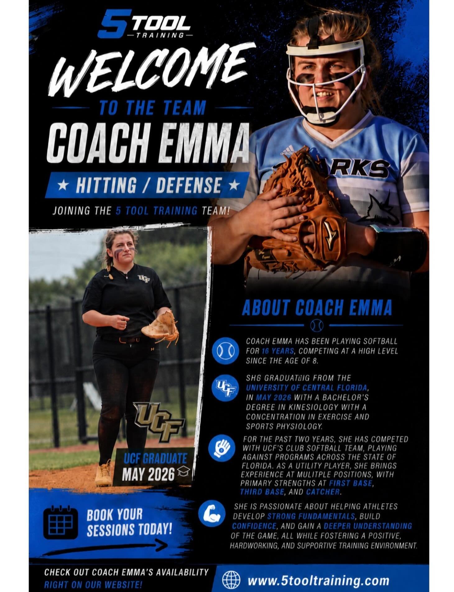 Big things happening at  5 Tool Training￼ 💙🥎

We&rsquo;re excited to officially welcome Coach Emma to the team! Bringing high-level playing experience, passion for the game, and a commitment to helping athletes grow both on and off the field.

From