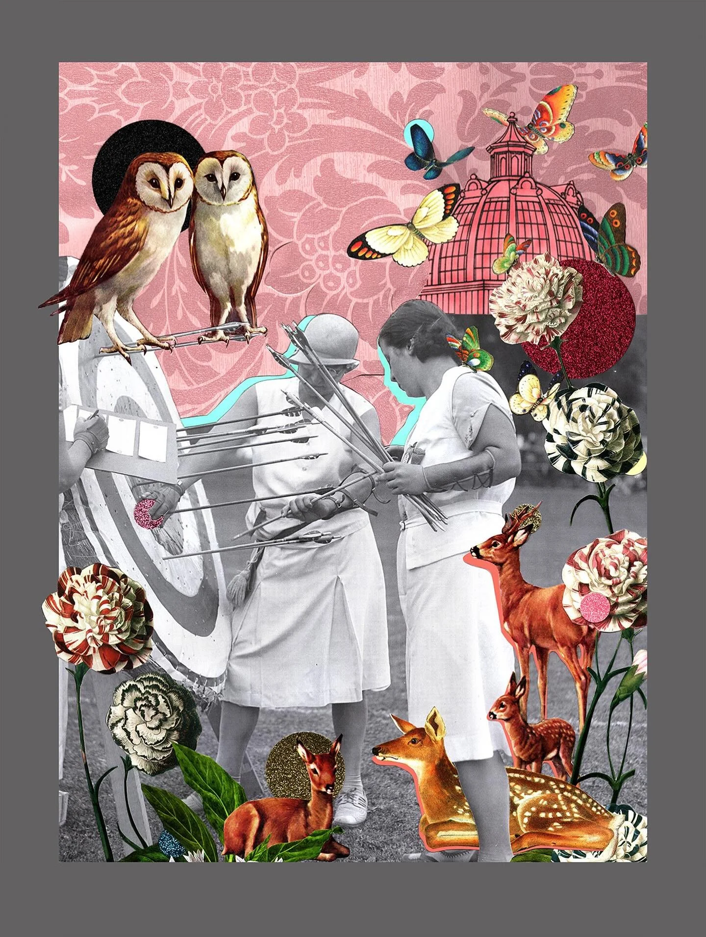 Quiver, vintage collage, wallpaper, print of 1931 archers at the #cne from #toronto_archives, glitter paper and neon paper, 18x24 
Designed in response to a call for the Art of the Game @artistprojectto 

Come see the work of over 250 artists in pers