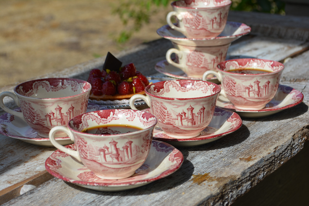 Coffee Set Vintage French Cups and Saucers with Serving Platter French Brocante   M1709 Cherry Decor Set of 6 Expresso