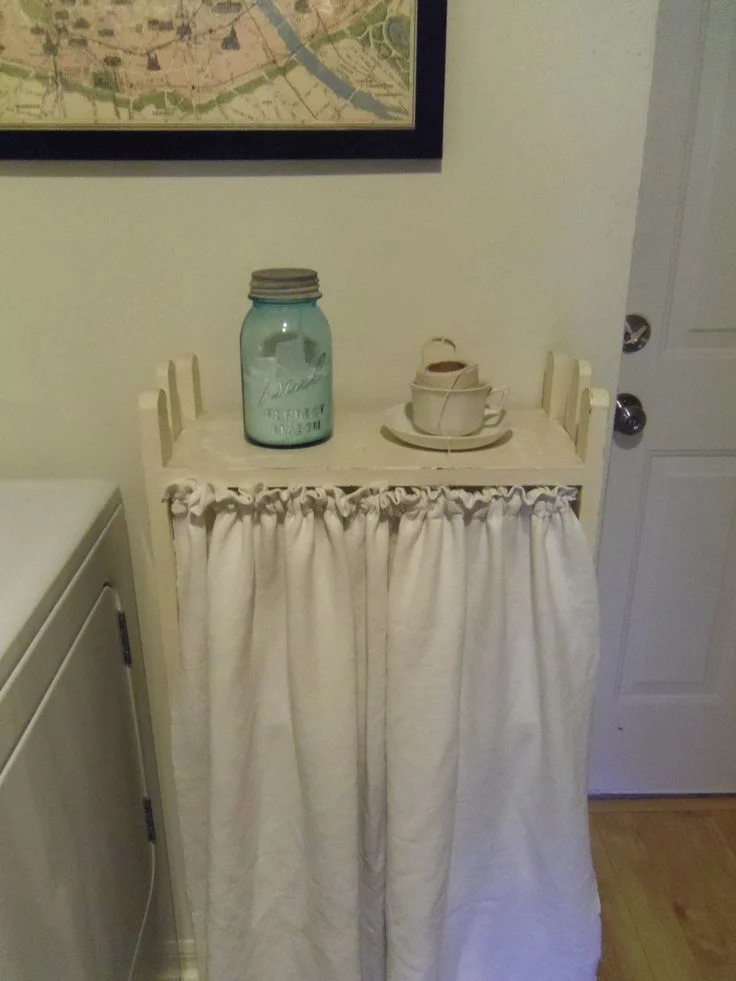 Under sink curtain made from vintage French linen sheets