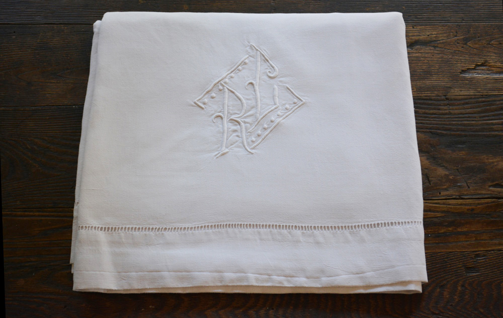 Hand embroidered monogrammed linen initials R L