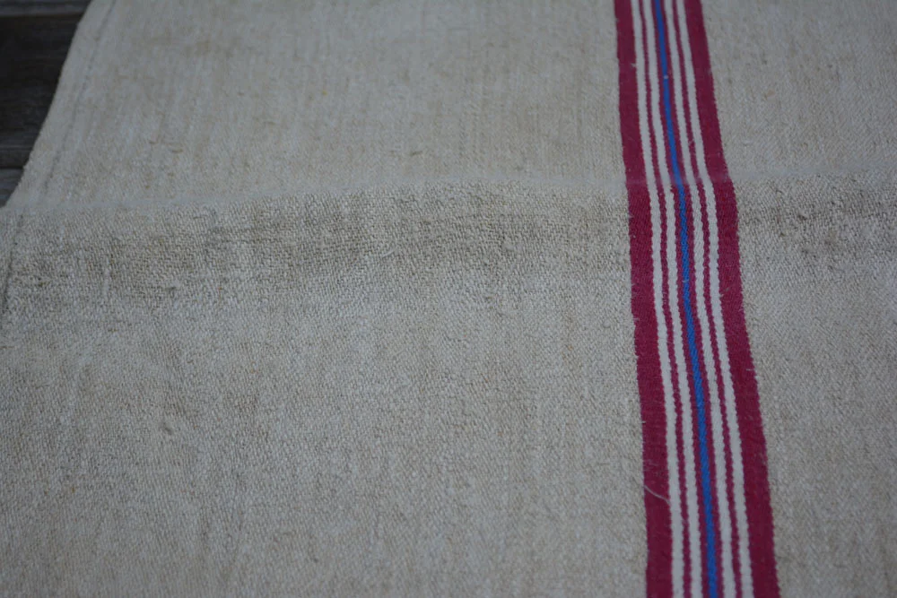 Red Violet, Blue & White Stripes on Old Grain Sack
