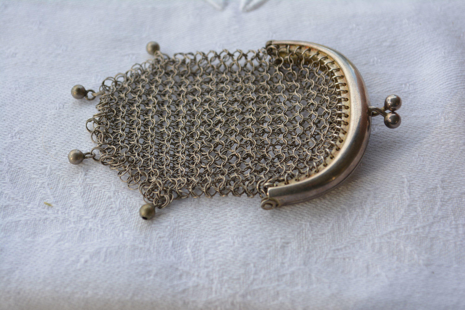 Antique Chainmail Purse Coin Ring Silver Plated French Edwardian Chatelaine 1920s 1910s