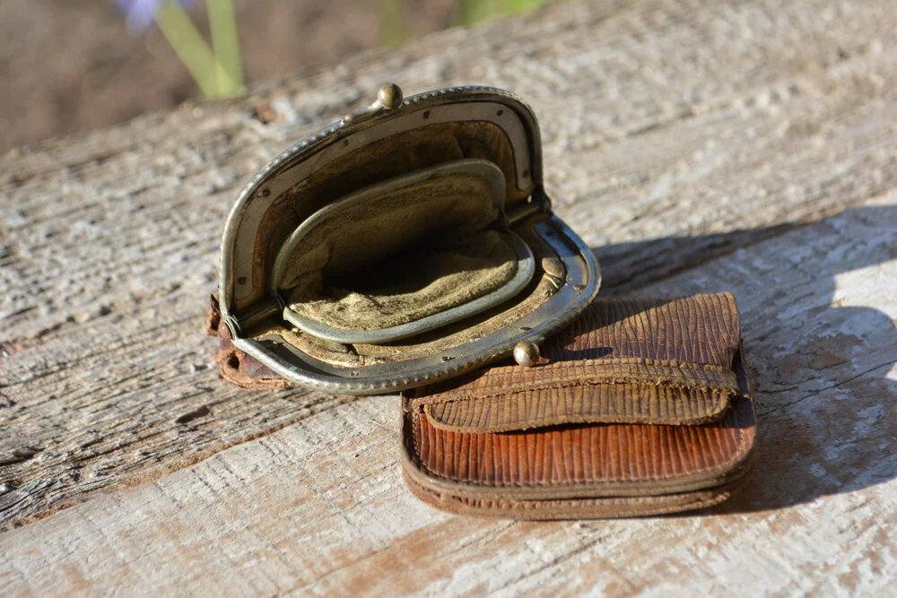 Two Small Leather Vintage French Coins Purses with Old Catholic