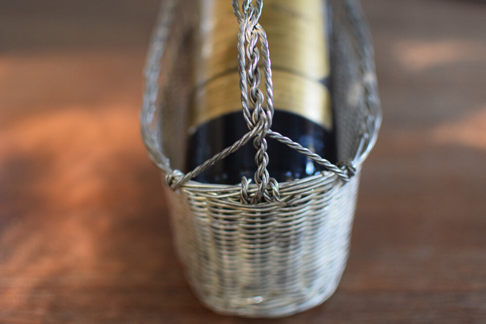 French Antique Silver Wire Wine Basket Pourer, Vintage French Wine