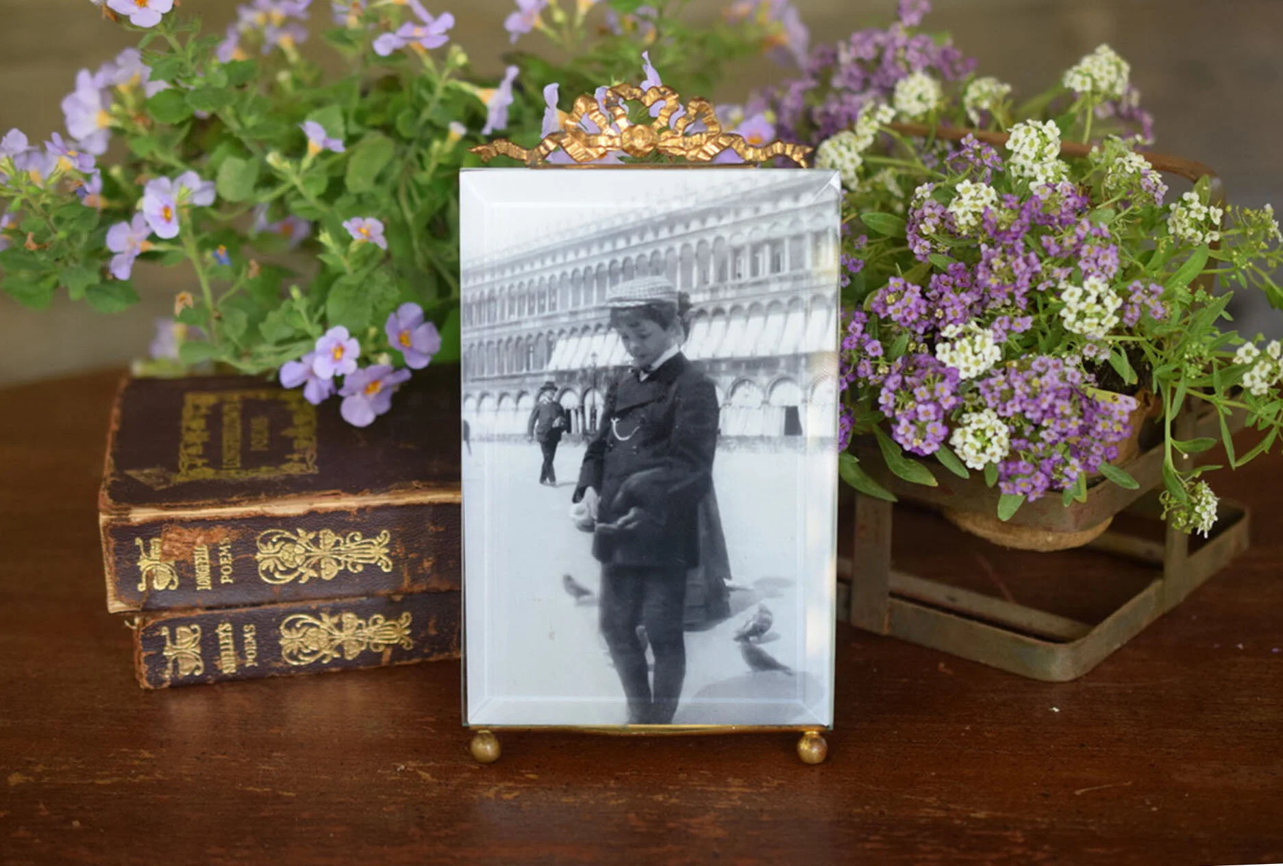 Antique French Ormolu Picture Frame with Beveled Glass and Gilt Brass