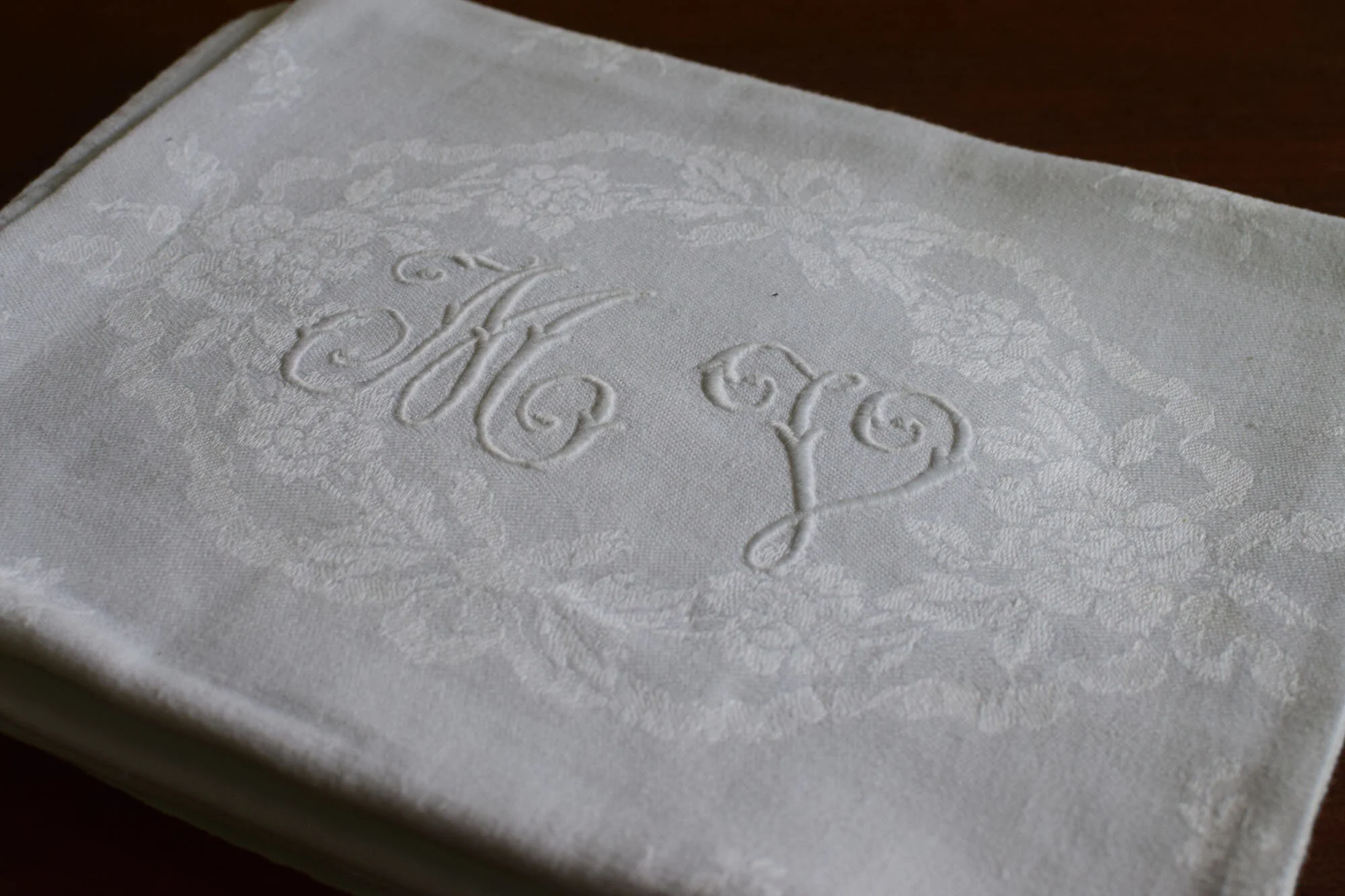 rench Jacquard Napkins with initials MV