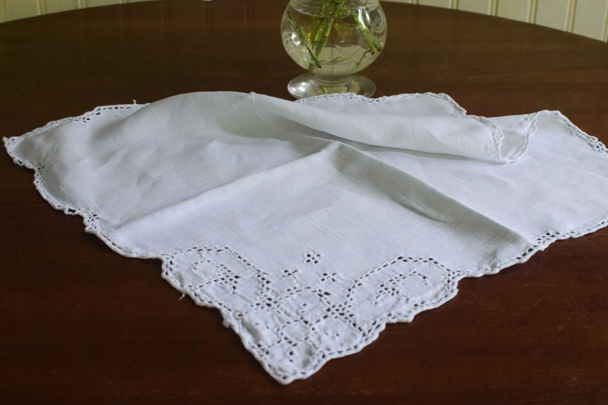 Vintage White Linen Blend Napkins with Drawn Work