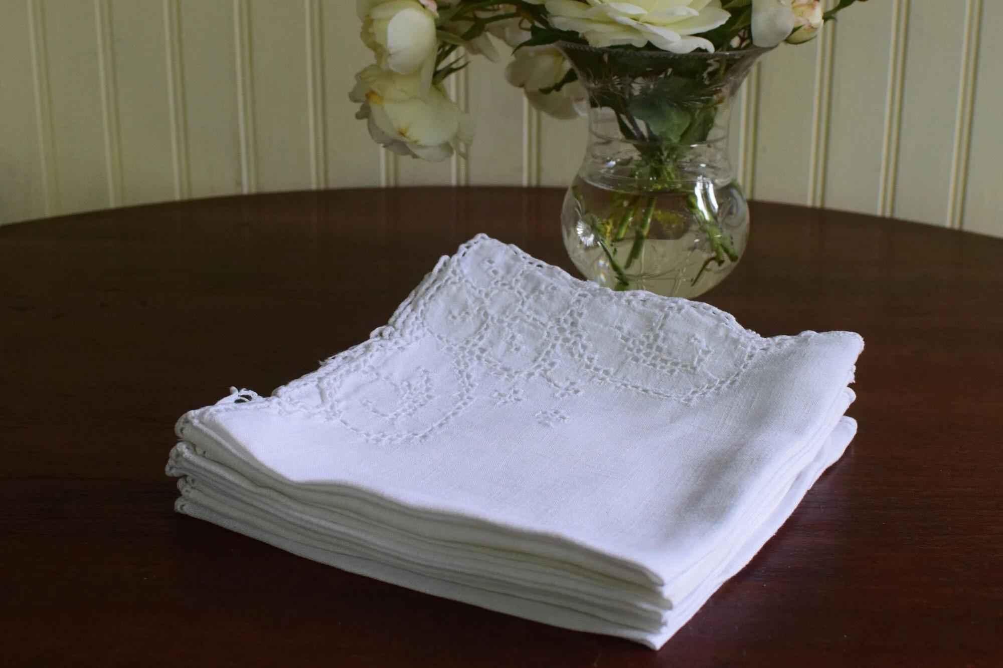 Vintage White Linen Blend Napkins with Drawn Work