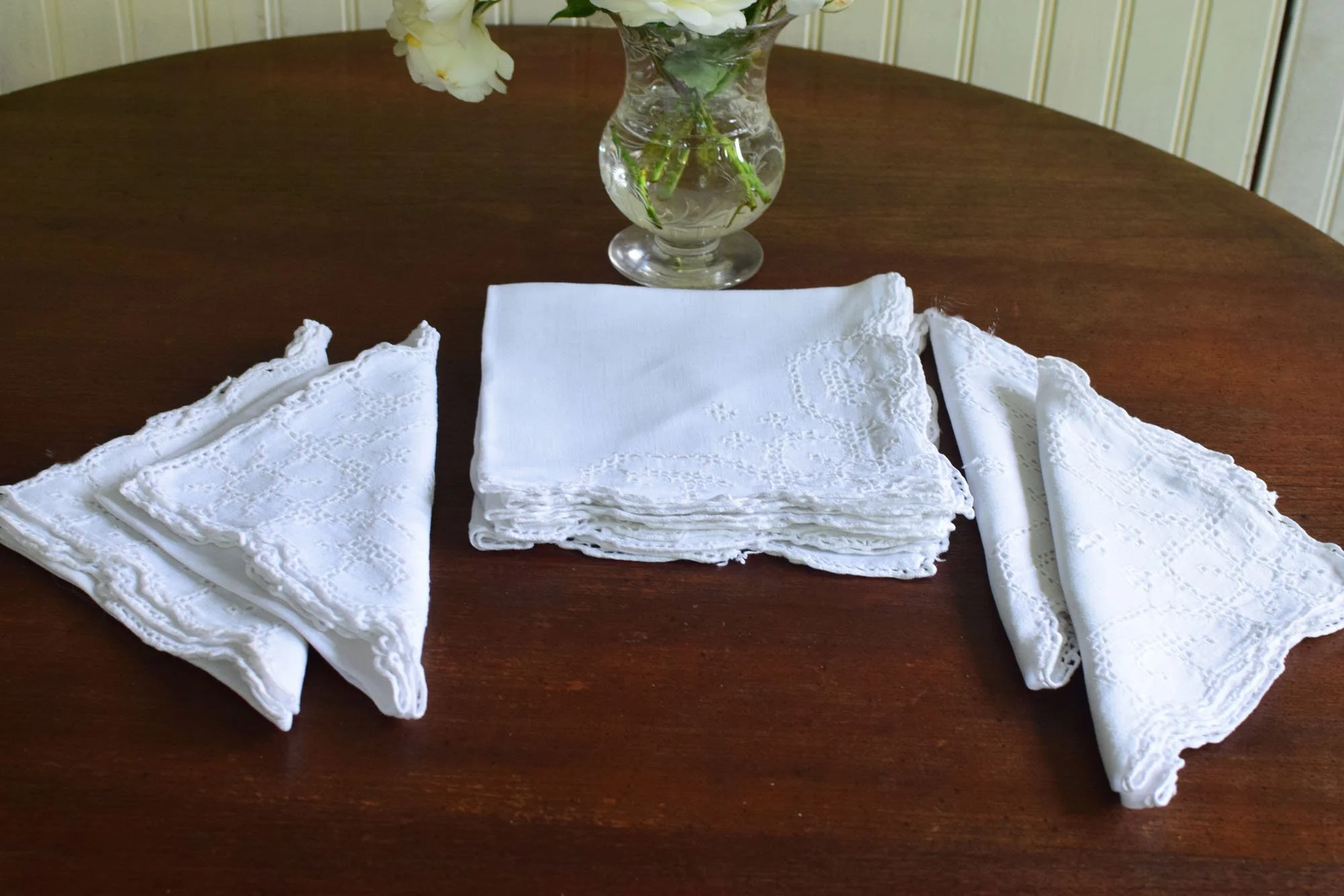 Vintage White Linen Blend Napkins with Drawn Work