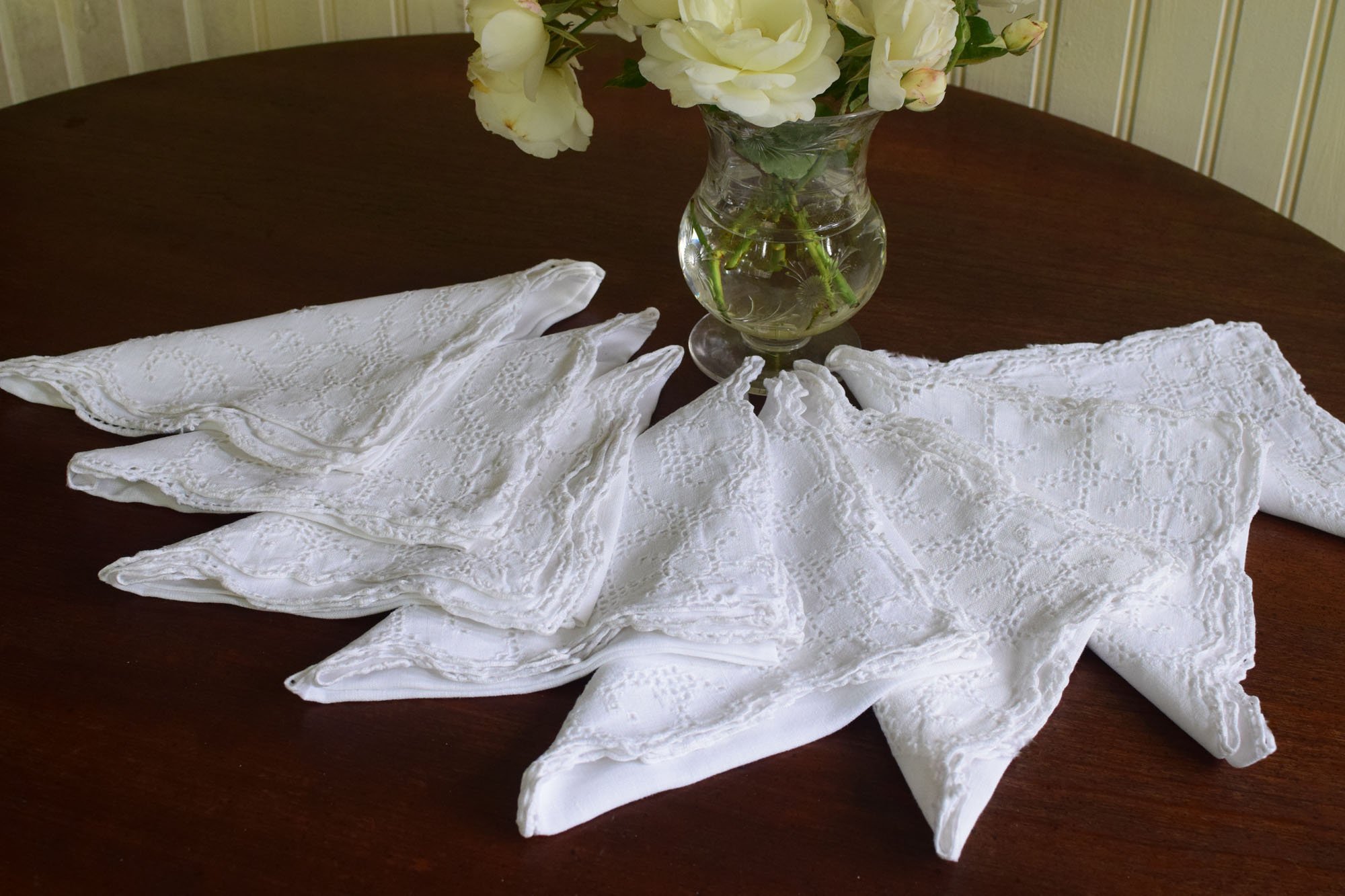 Vintage White Linen Blend Napkins with Drawn Work