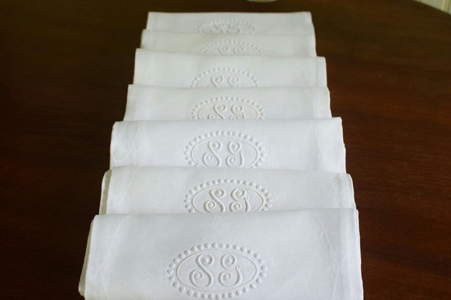 Antique French Linen Napkins with Monogram S.G., Linen Damask Table Linens, For The Love of France, View 1