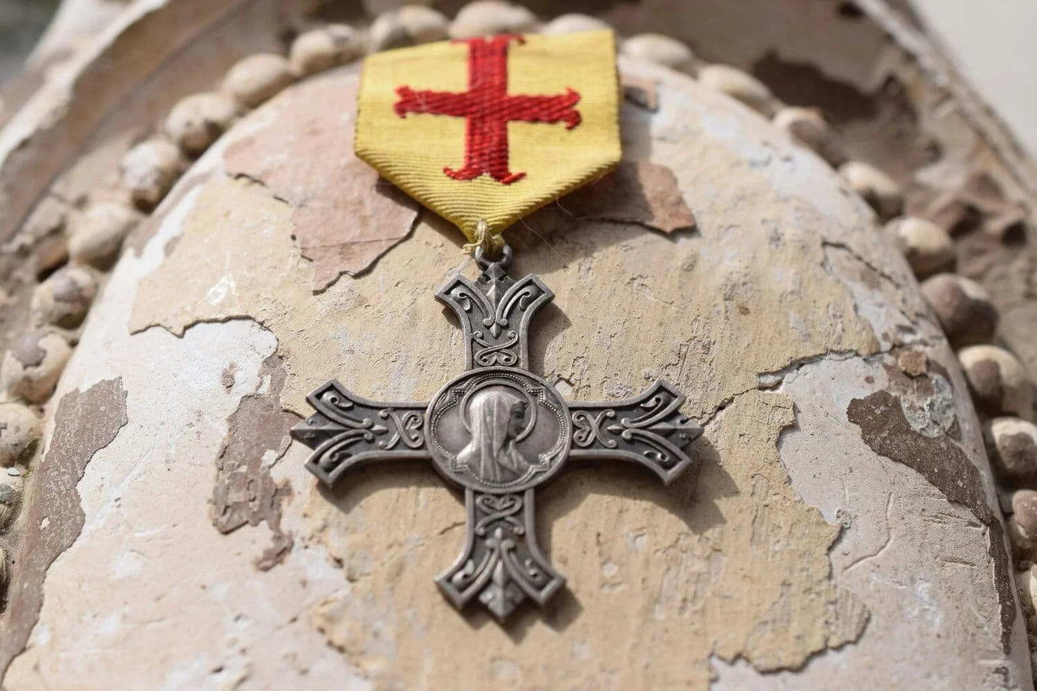 Exquisite Boulogne St Omer Cross on Yellow Ribbon, Antique Catholic Gifts