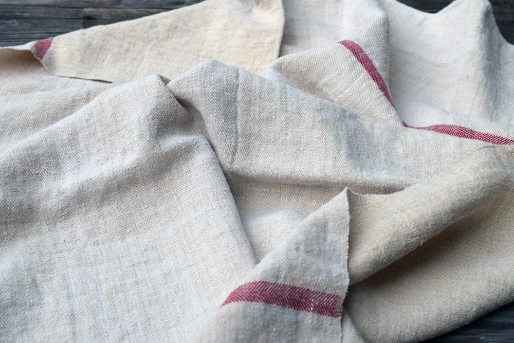 Rustic French Vintage Linen Textile with Red Stripes