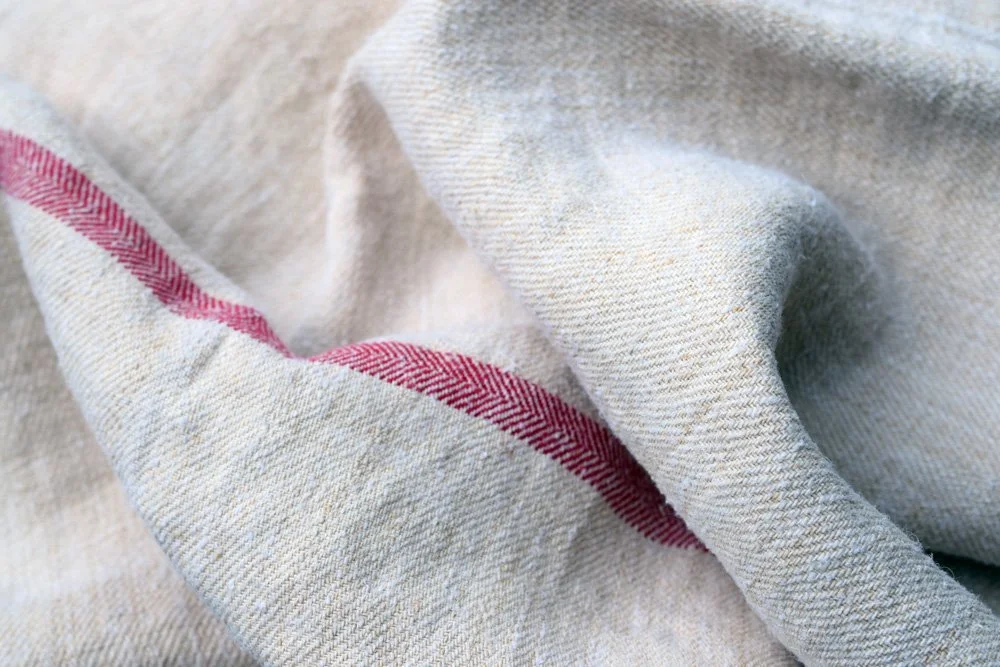 Rustic French Vintage Linen Textile with Red Stripes