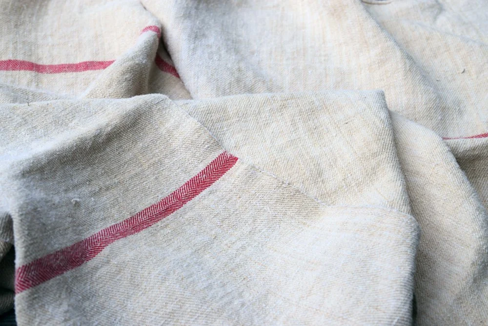 Rustic French Vintage Linen Textile with Red Stripes