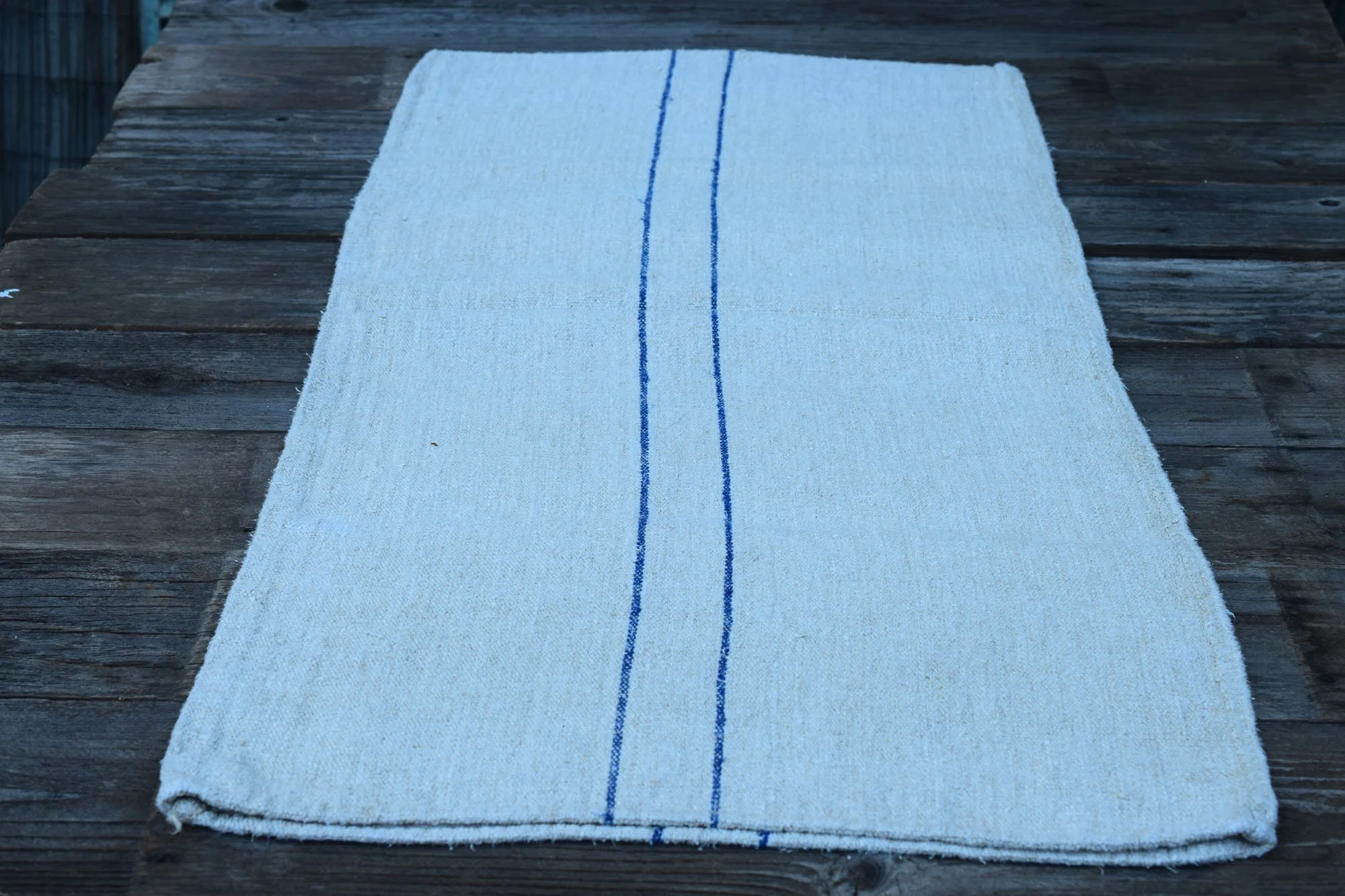 Antique French Grain Sack Textile with Thin Blue Stripes