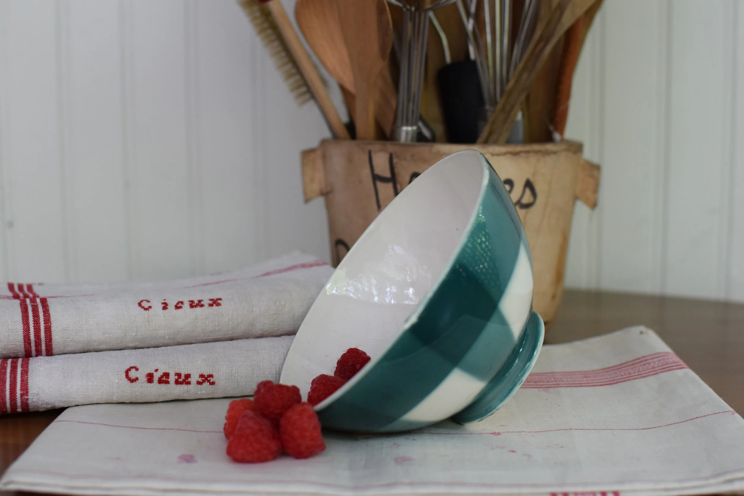 Teal Plaid Patterned French Provincial Café au Lait Bowl
