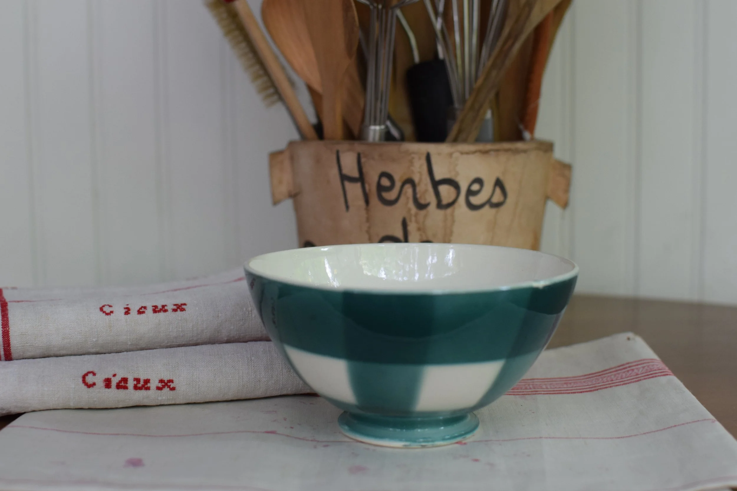 Teal Plaid Patterned French Provincial Café au Lait Bowl