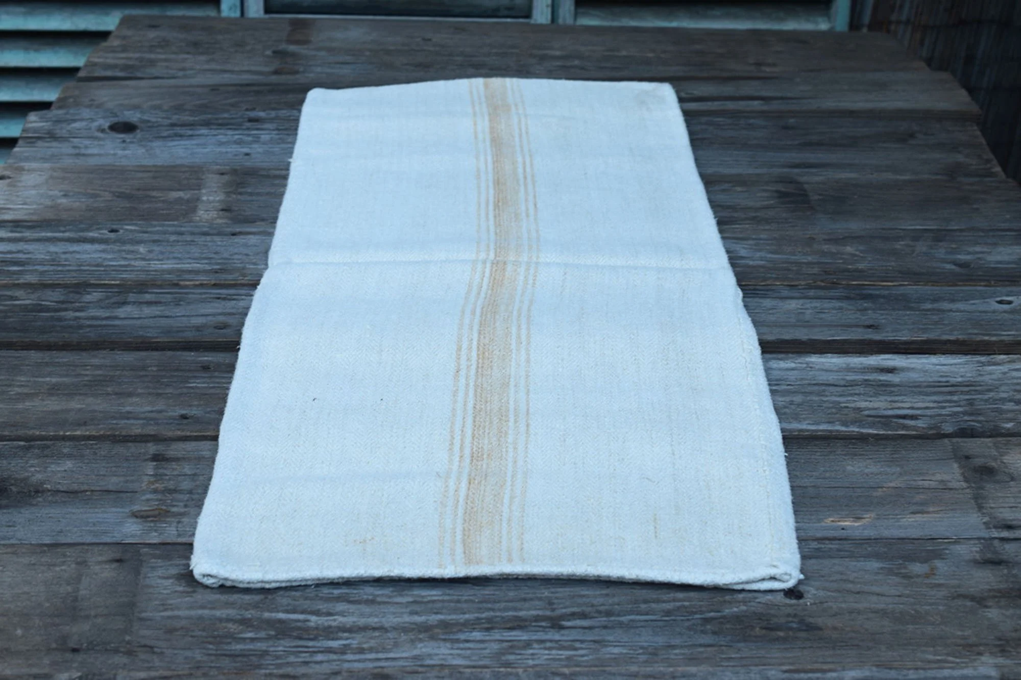 Vintage European Grain Sack with Soft Ochre Stripes
