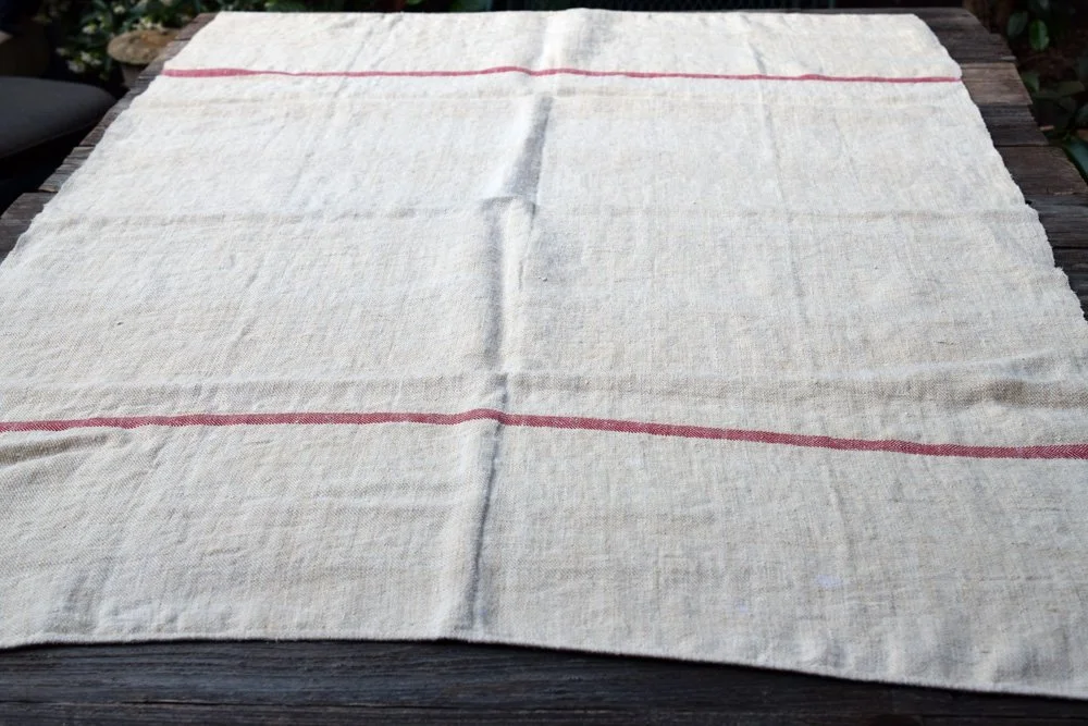 Rustic French Vintage Linen Textile with Red Stripes