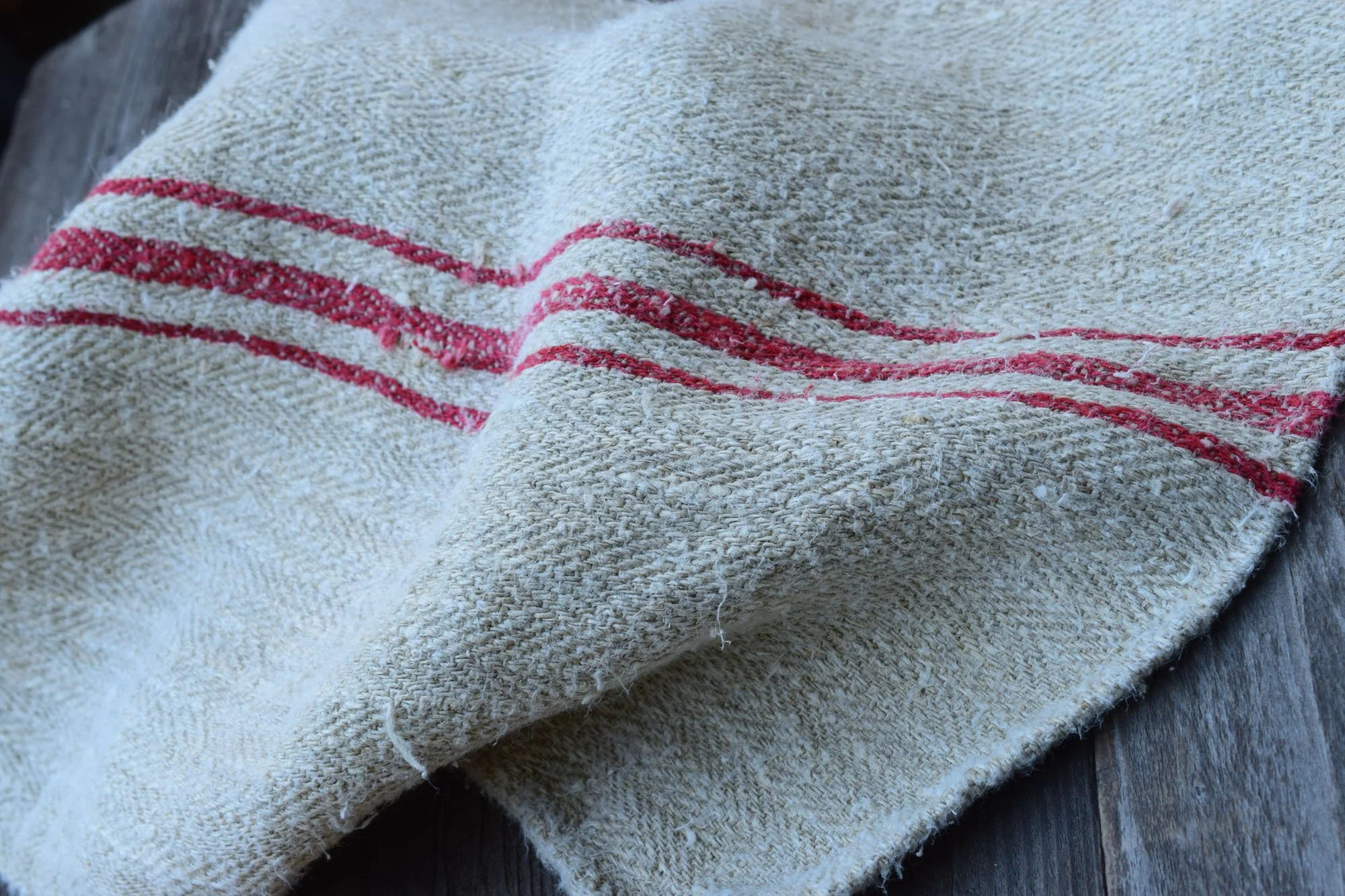 Vibrant Red Stripes on Antique Grain Sack