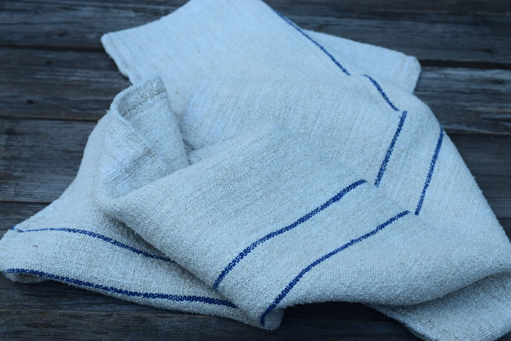 Antique French Grain Sack Textile with Blue Stripes