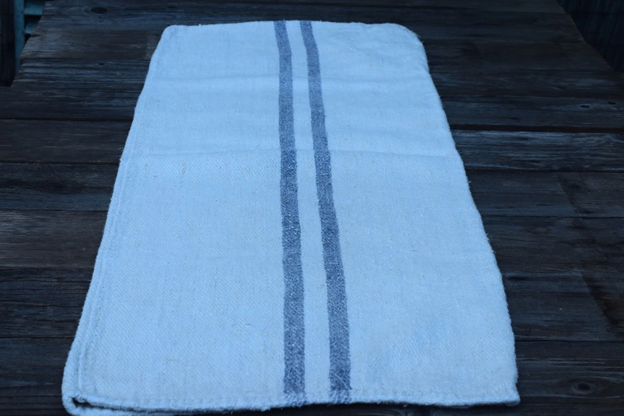 French vintage grain sack with blue stripes