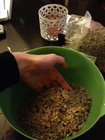 Mix the lavender flowers, rice, and oil together with your hands. This is a great sensory experience for kids!&nbsp;