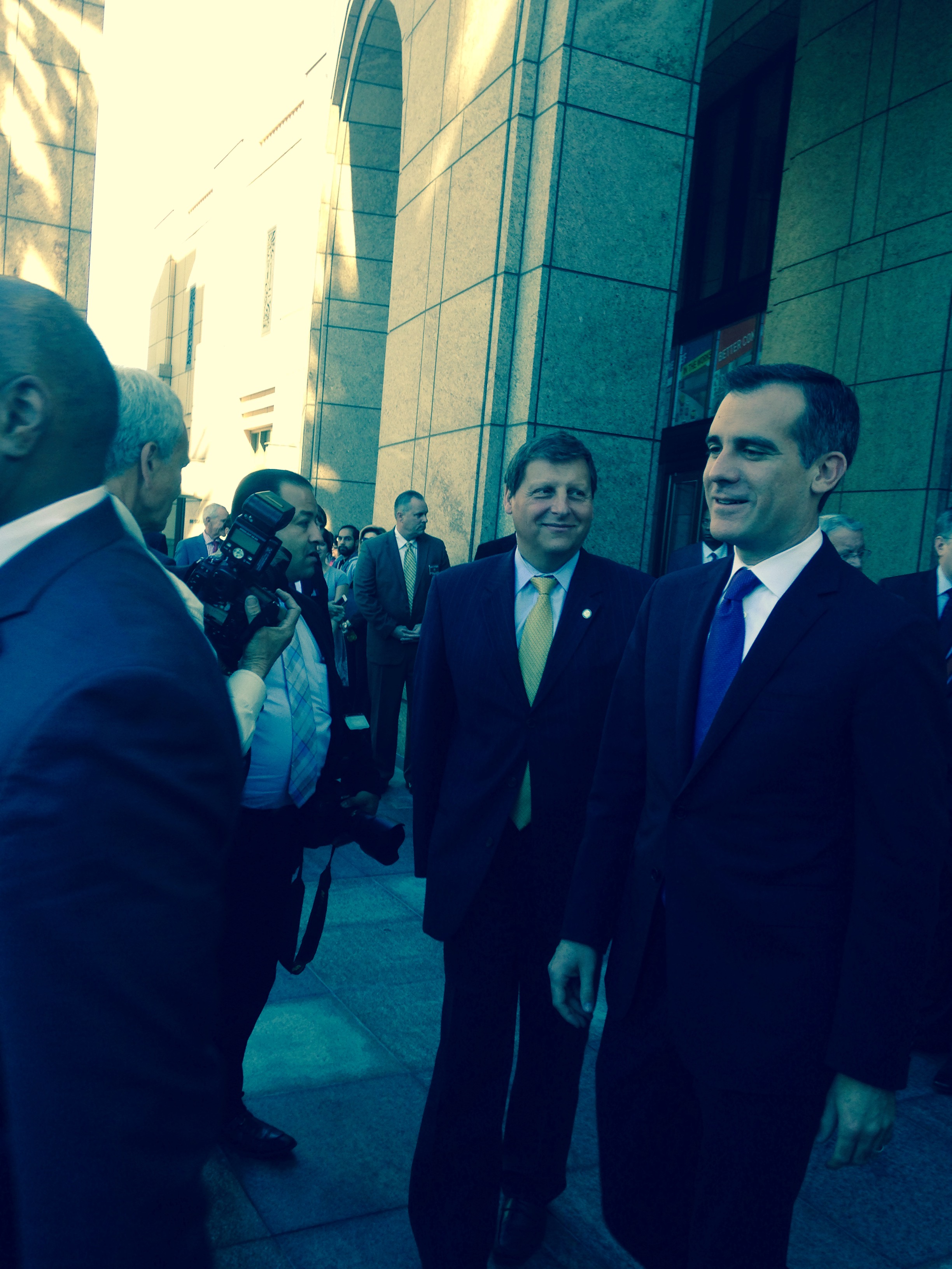 Mayor Eric Garcetti along with the five County Supervisors and the rest of the MTA Board make their way to the podium to introduce the new LA Metro CEO Phil Washington.