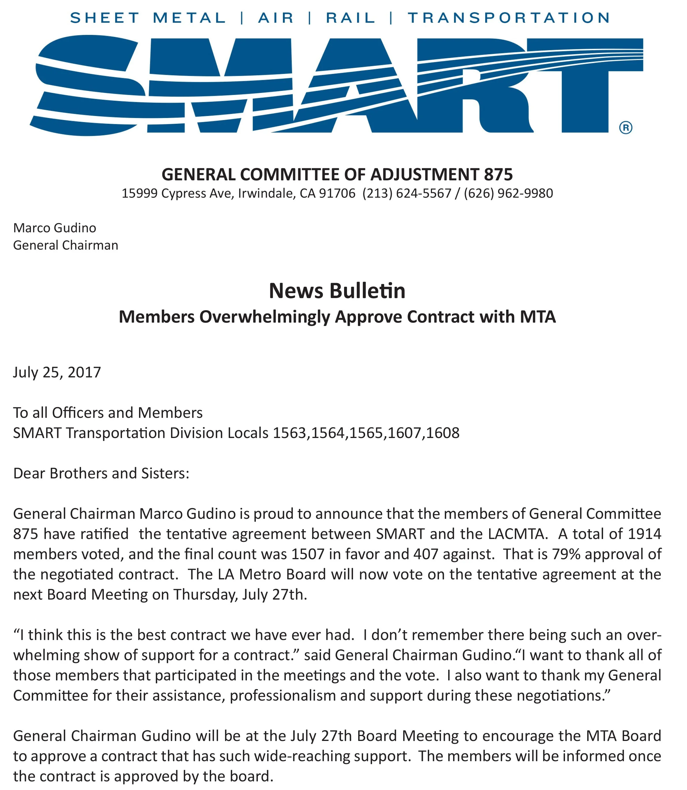 Members Overwhelmingly Approve Contract with MTA