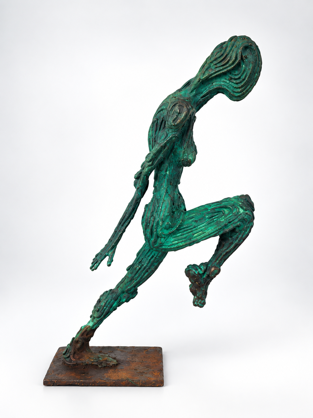 A sculpture of a solo dancer posed with hands forward and head down from front. Made by artist J. Aaron Alderman from steel round stock and finished with a copper patina.