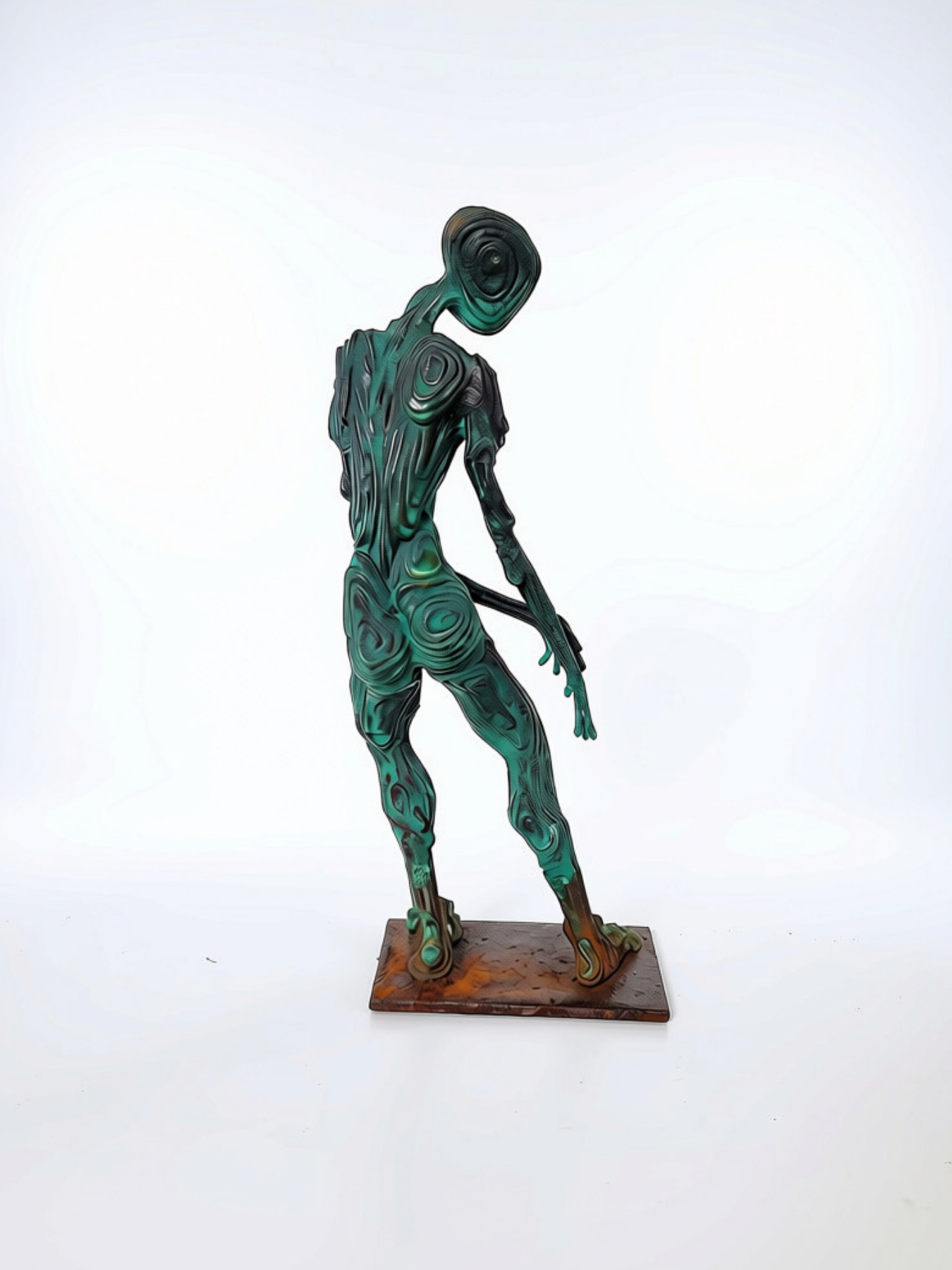 A sculpture of a solo dancer posed with hands forward and head down from back. Made by artist J. Aaron Alderman from steel round stock and finished with a copper patina.