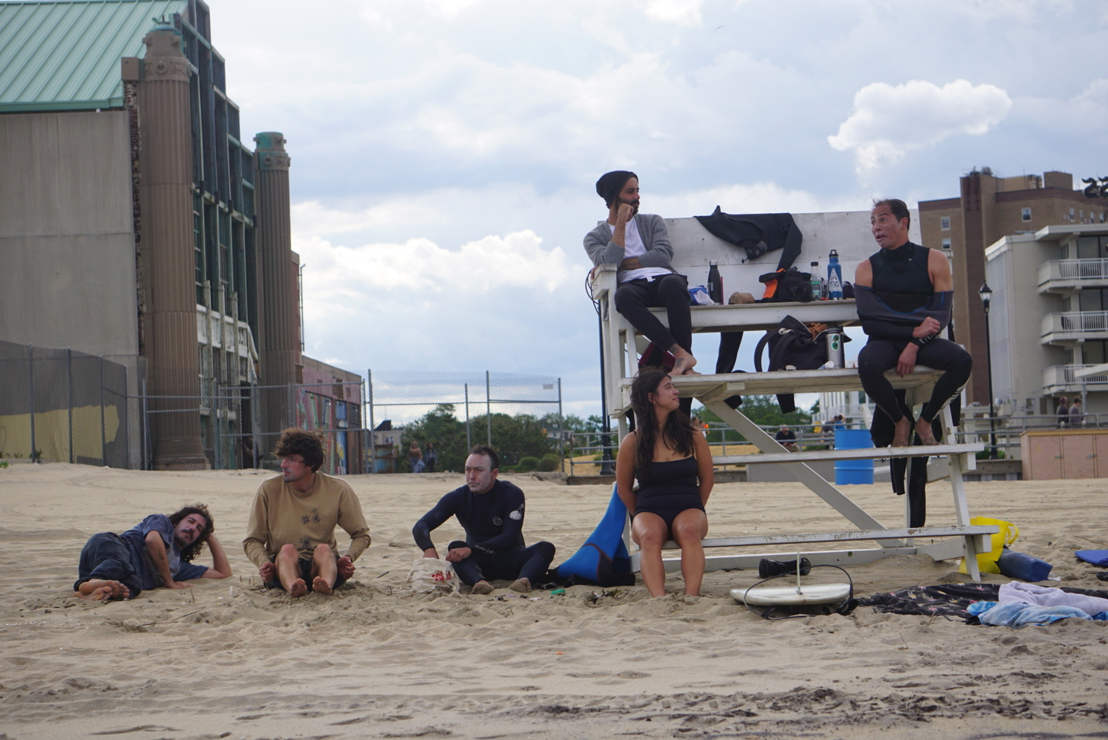 Lifeguard stand takeover! Left to right: Brendan, Juan, Dion, Christina, Phil, and Bryan. Photo: Helena Cortes. 
