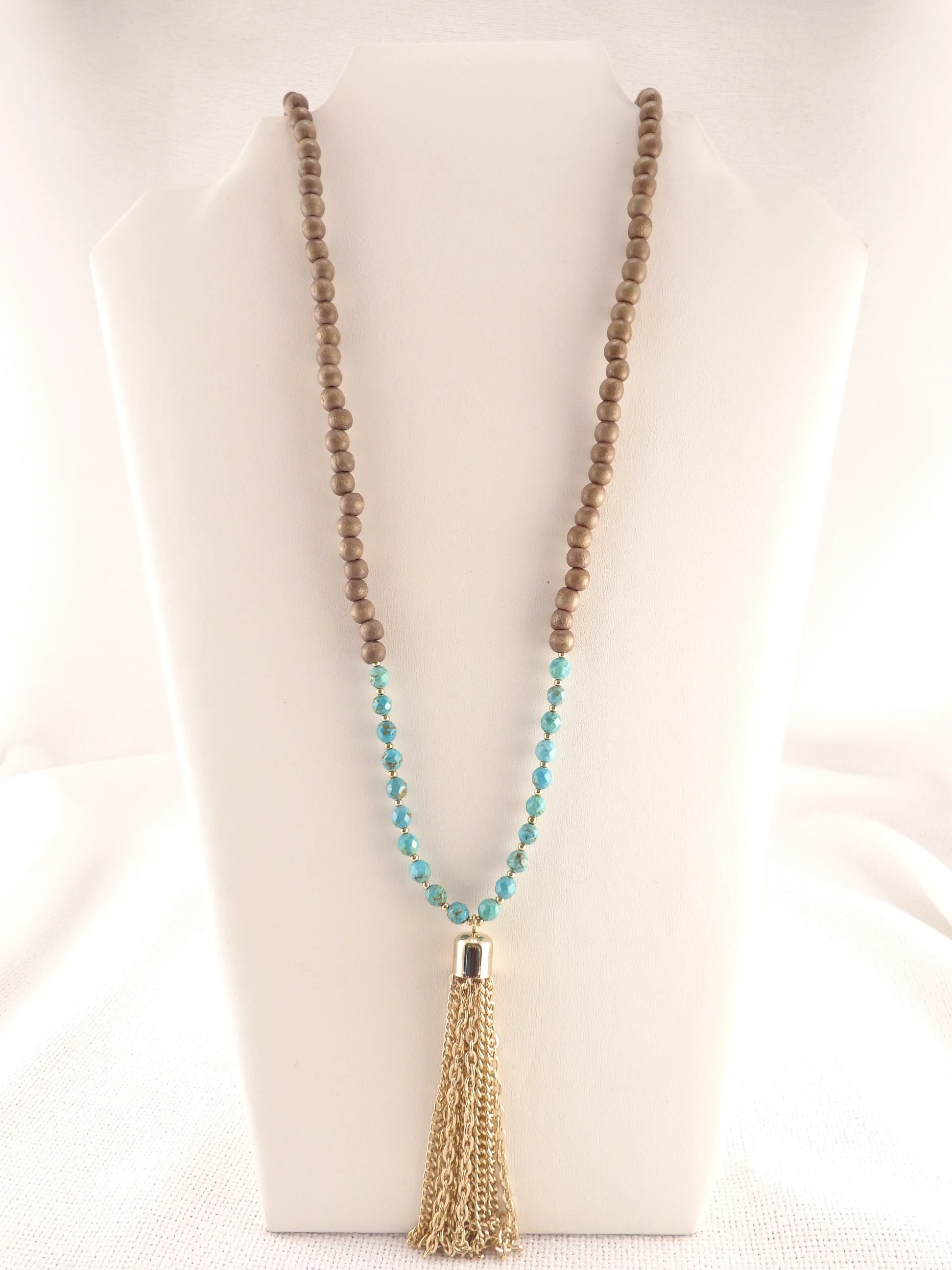 Wooden Bead Chain Tassel Necklace 