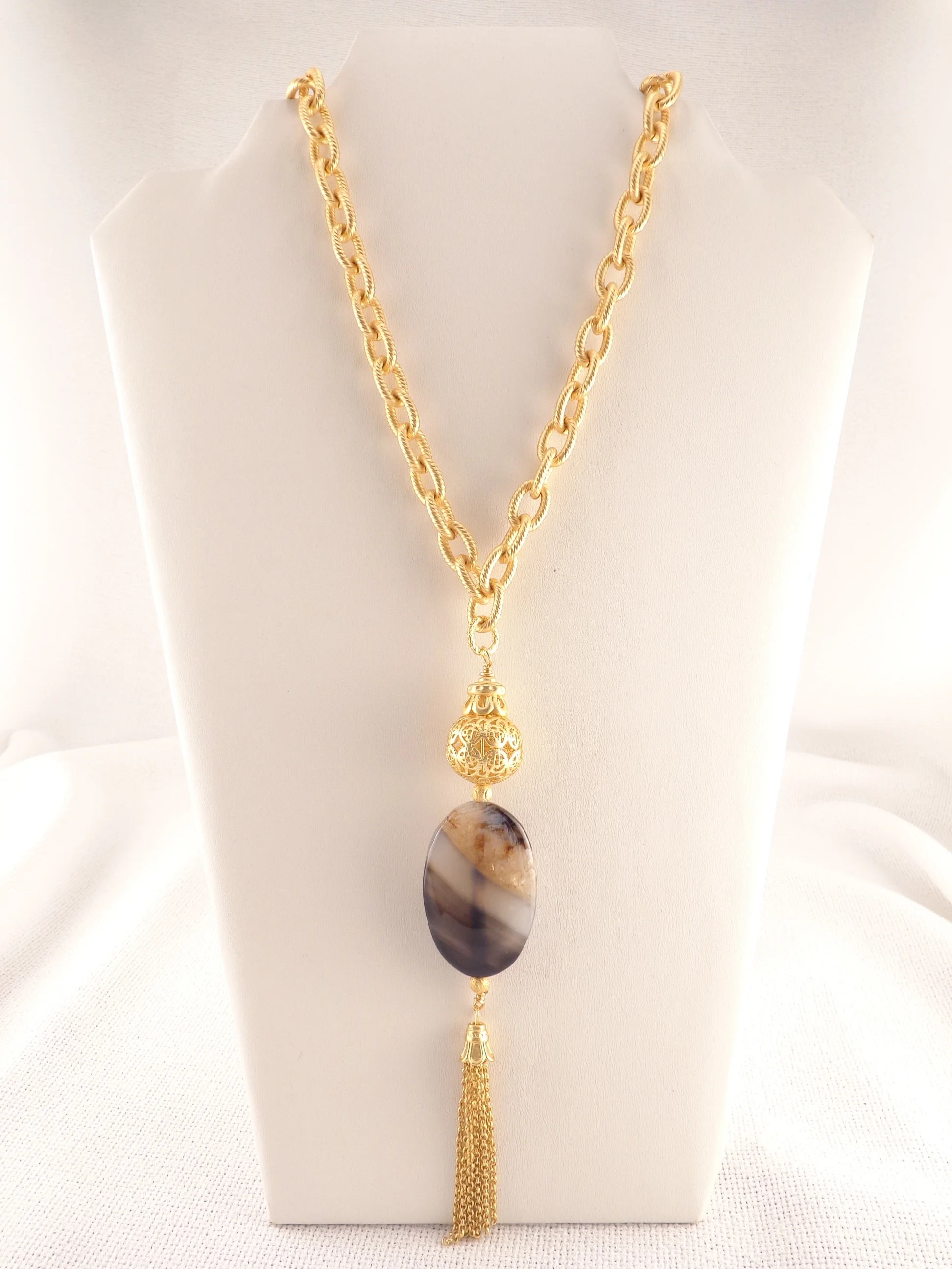 Filigree Bead and Stone Pendant Necklace - Black Quartz