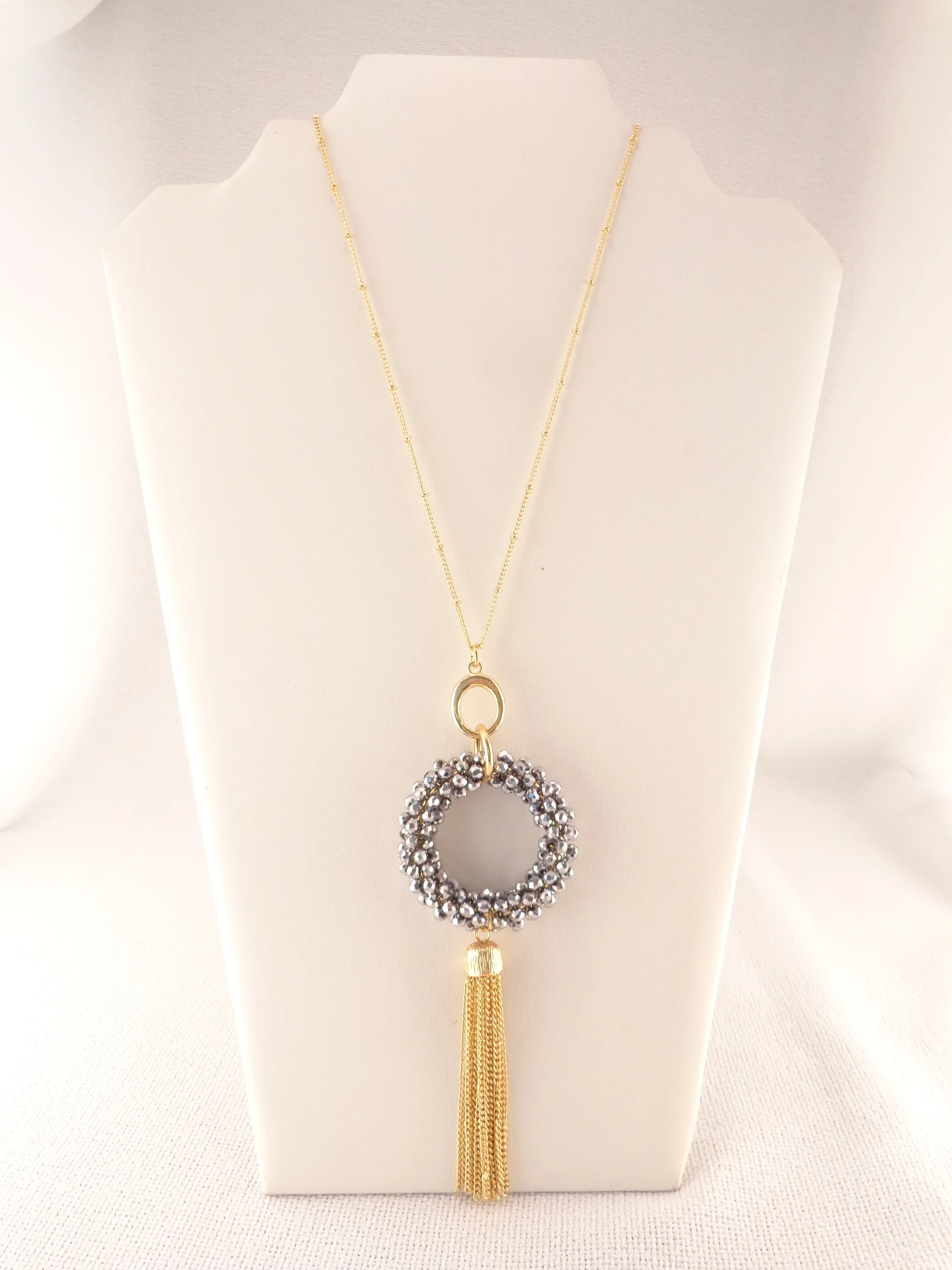 Bead Circle and Tassel Necklace - Hematite