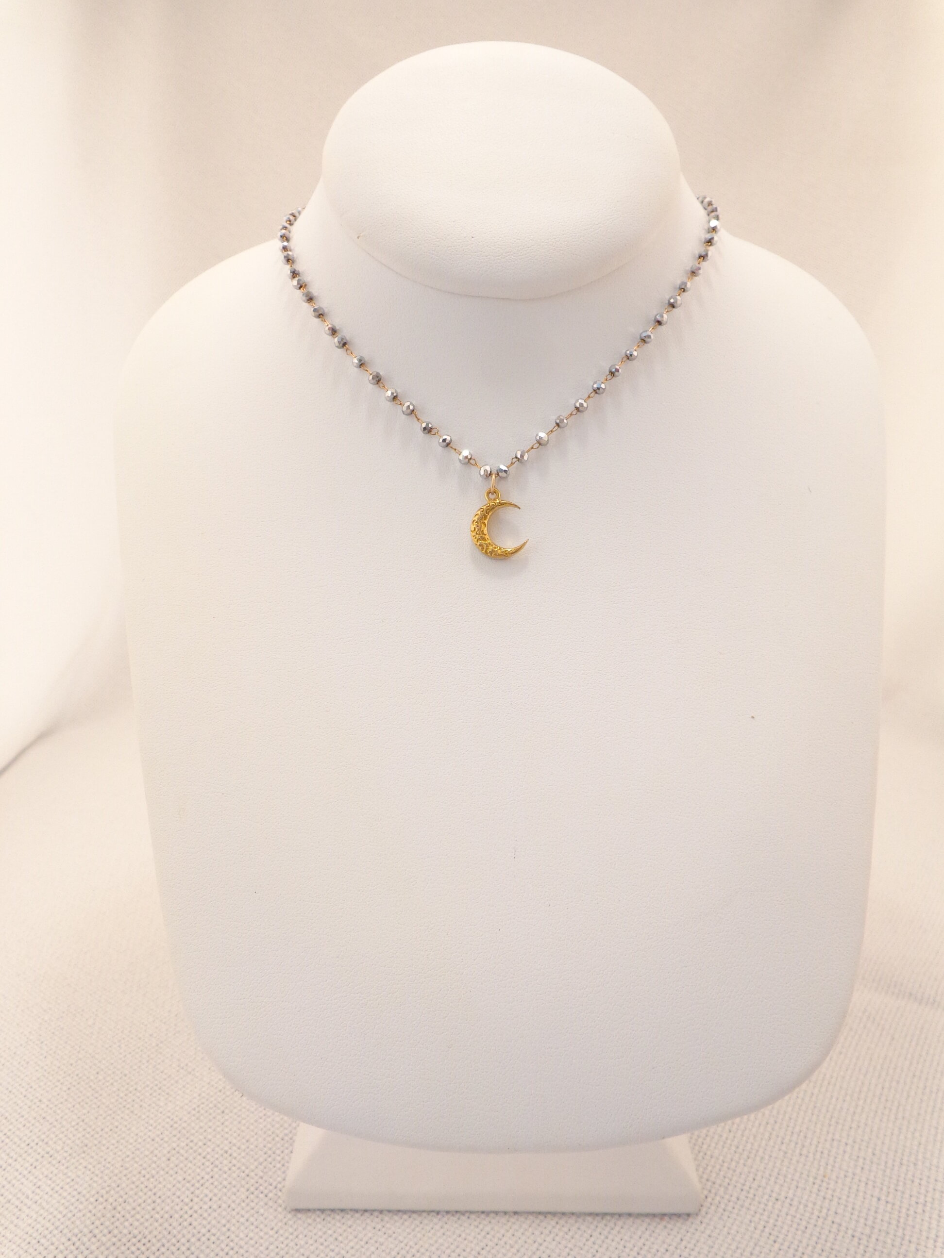 Tiny Moon Pendant Necklace - Silver/Gray