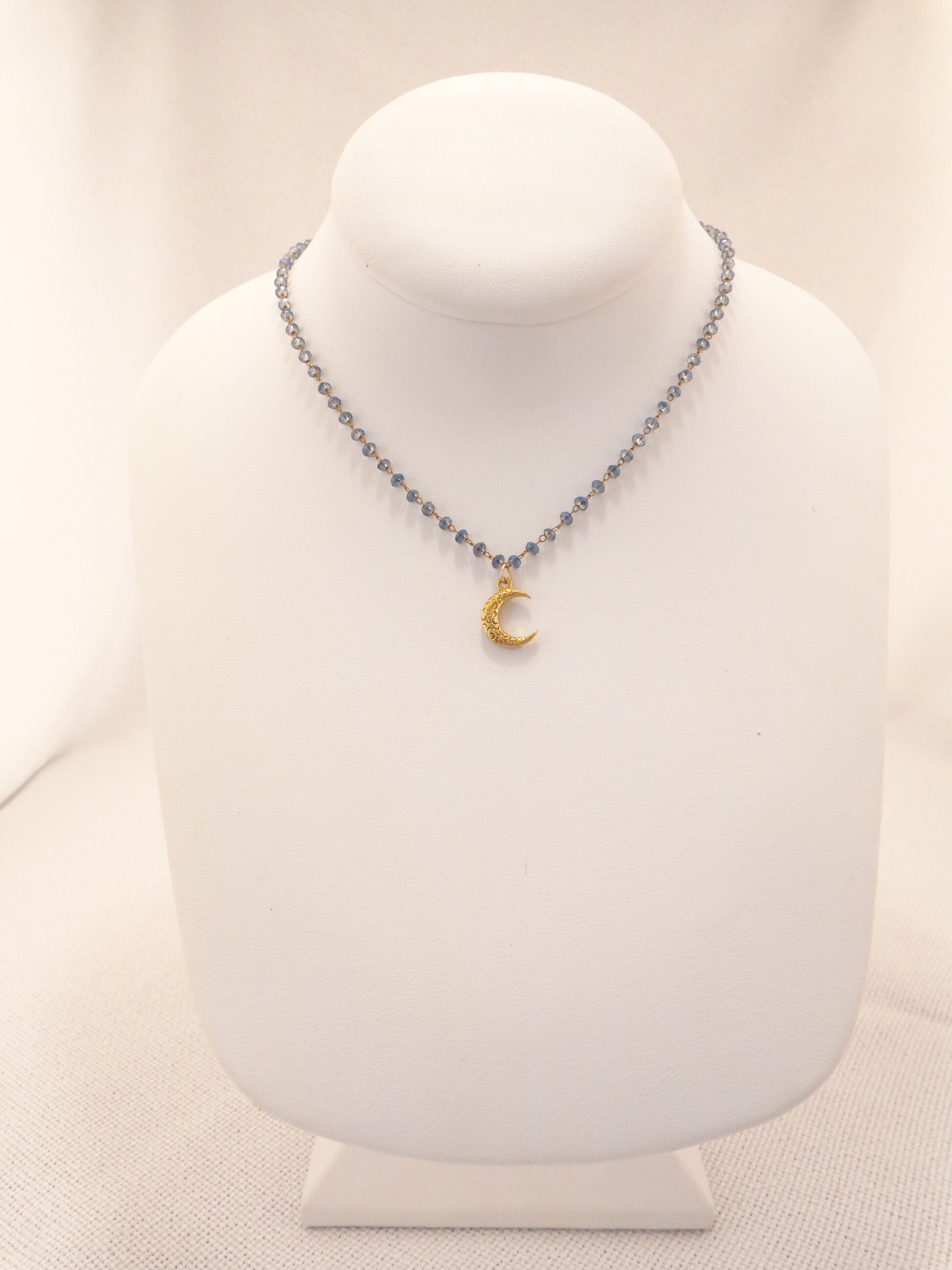 Tiny Moon Pendant Necklace - Midnight Blue