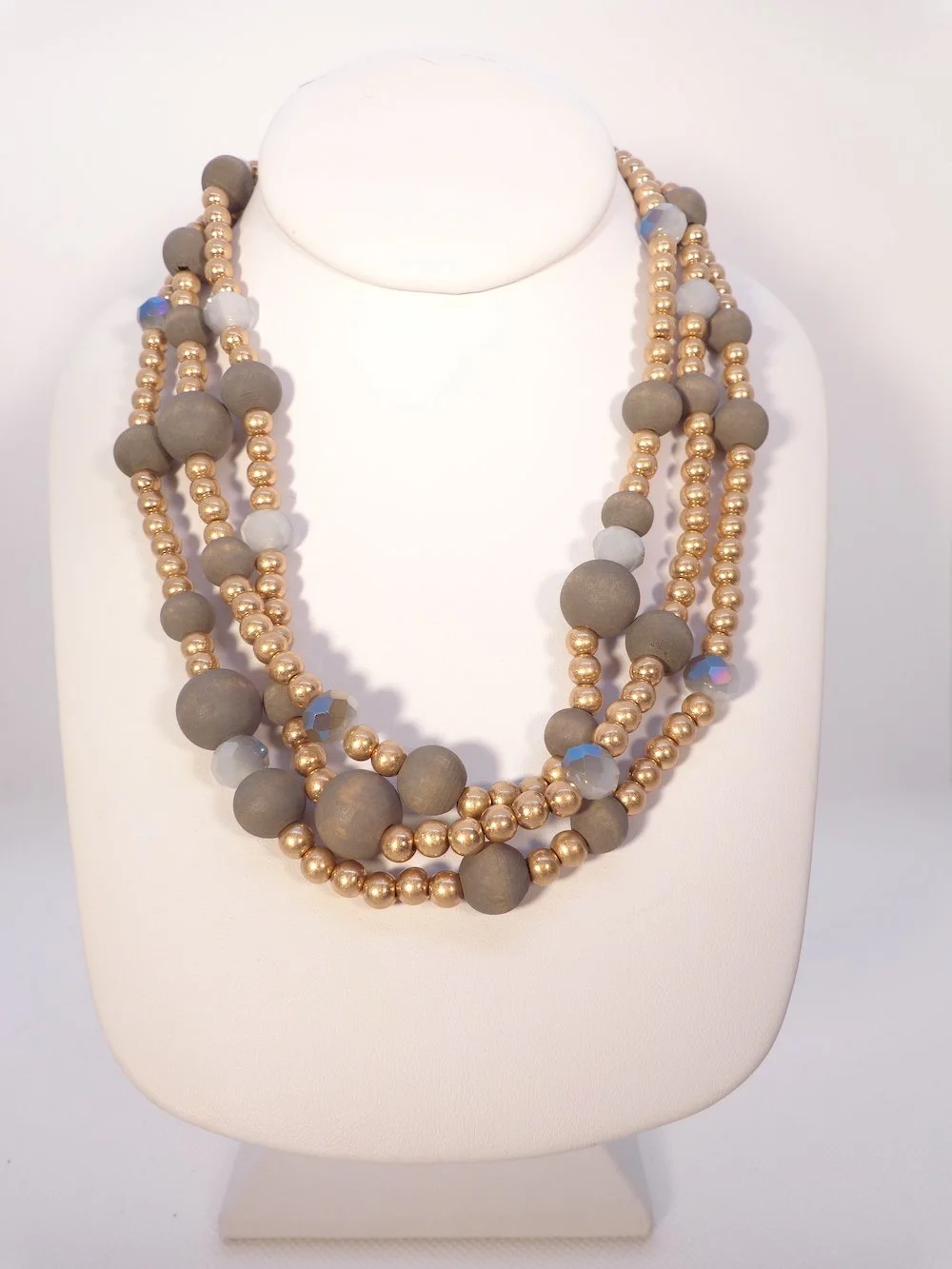 Three Layer Wooden Bead Necklace - Gray