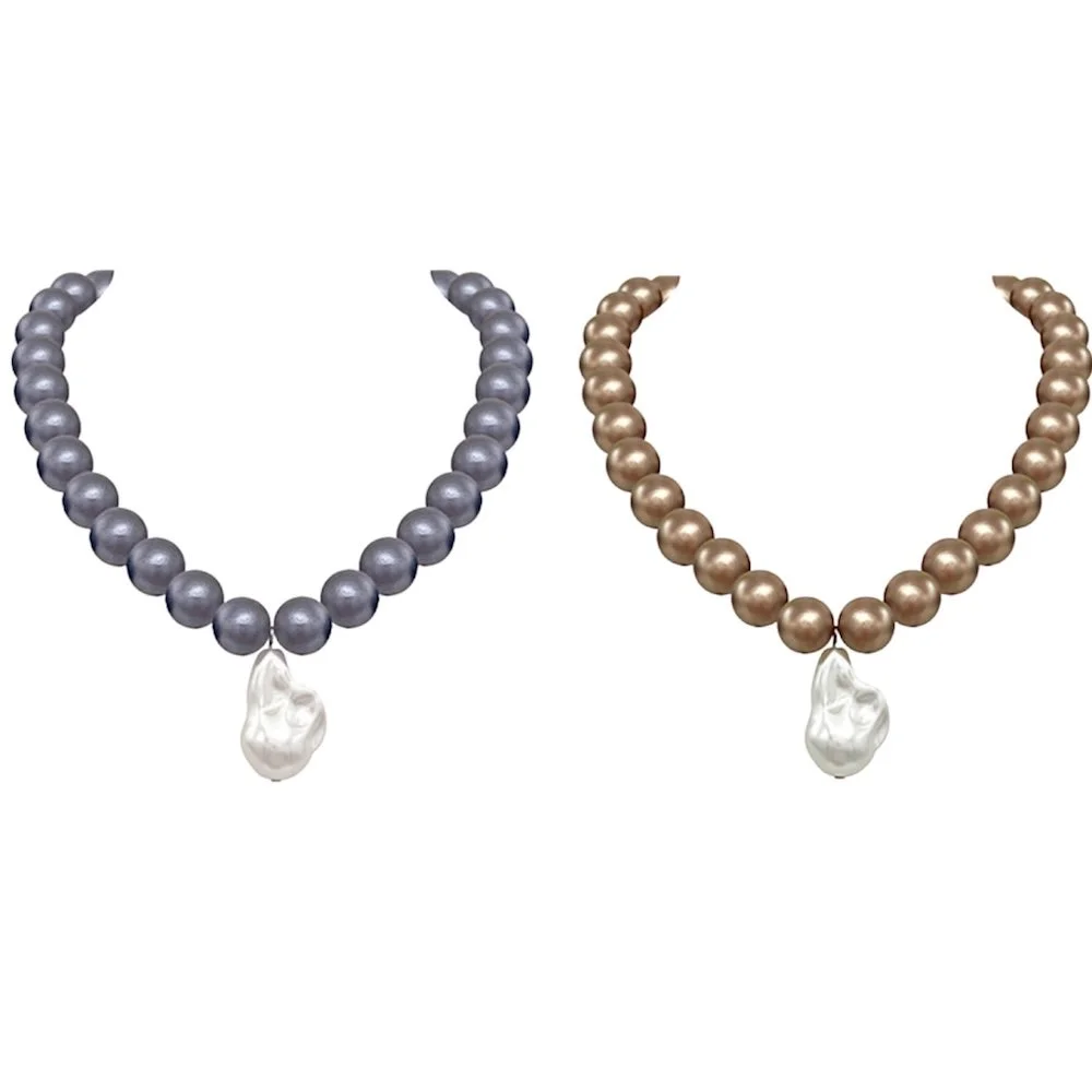 Wooden Bead and Baroque Pearl Necklace