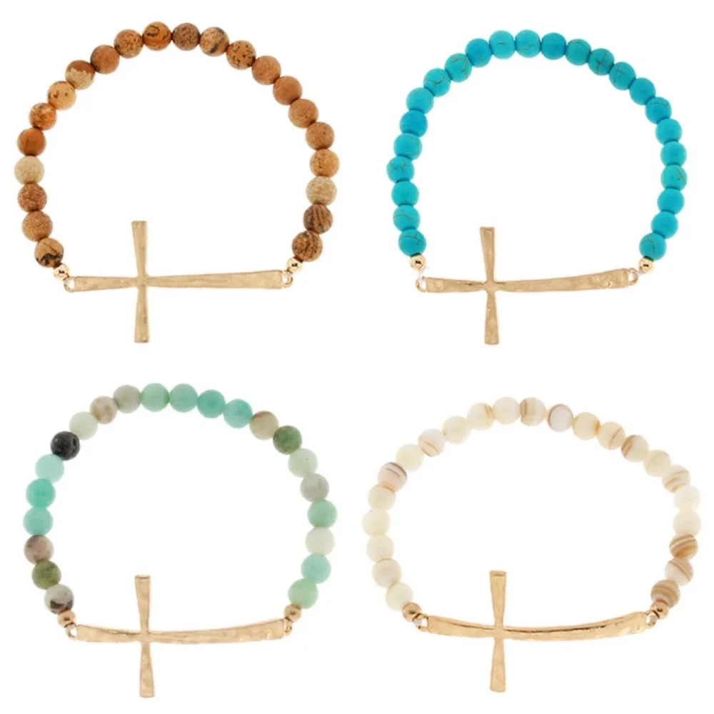 Stone Beads and Cross Bracelet
