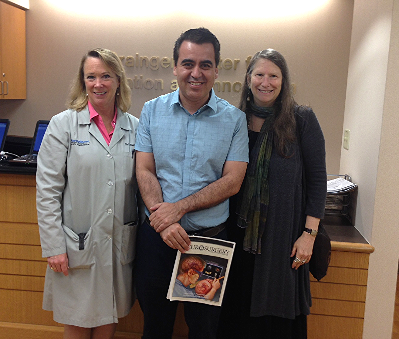 Gail Rosseau, MD, Gueider Salas, MD, and Roberta Glick, MD at Evanston Hospital during Salas’ 2014 Solidarity Visit.