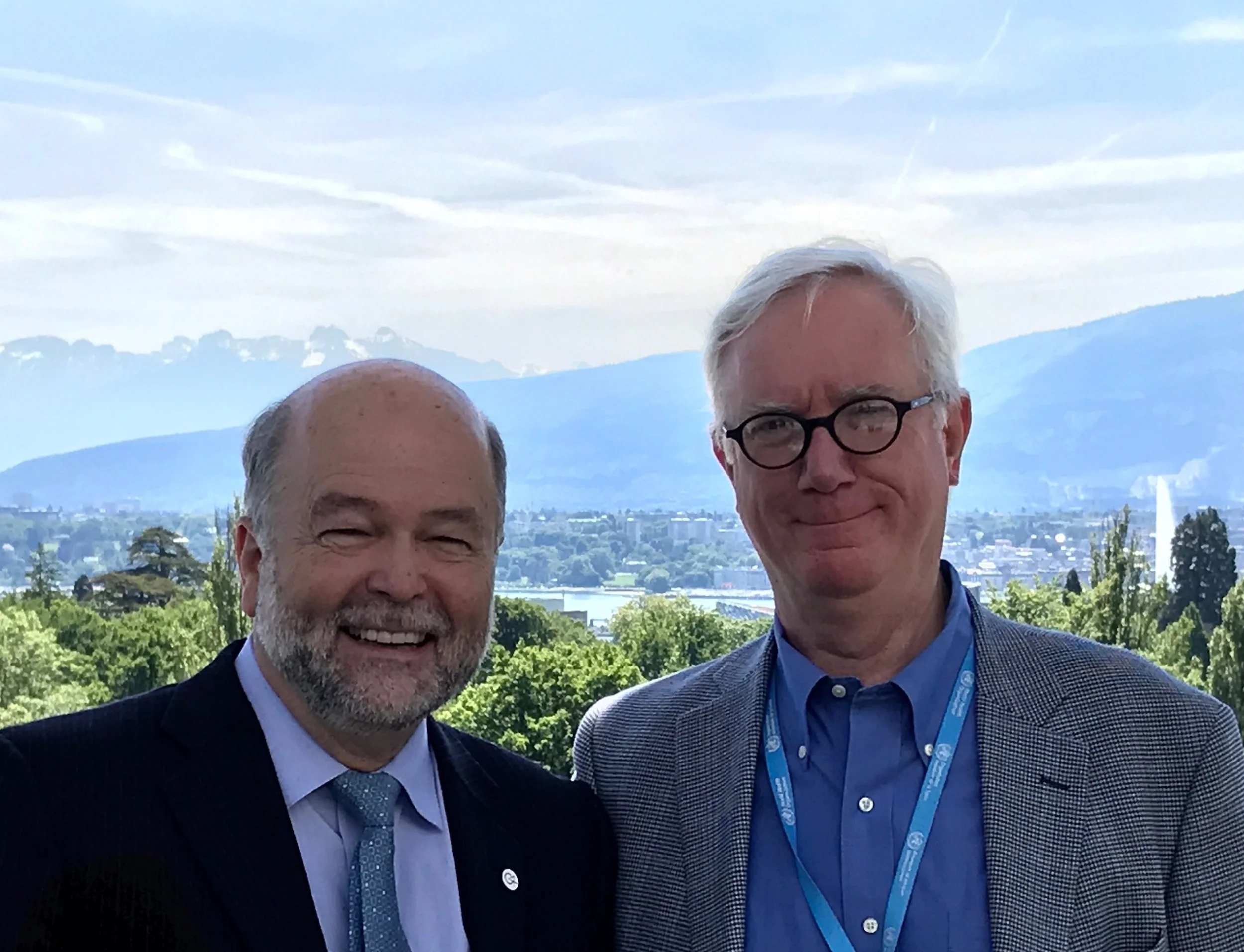 Dr. Moser (left) is pictured here with Dr. Walt Johnson, Director of the WHO Global Program on Essential and Emergent Surgical Care, a former neurosurgeon and friend of Solidarity Bridge. 