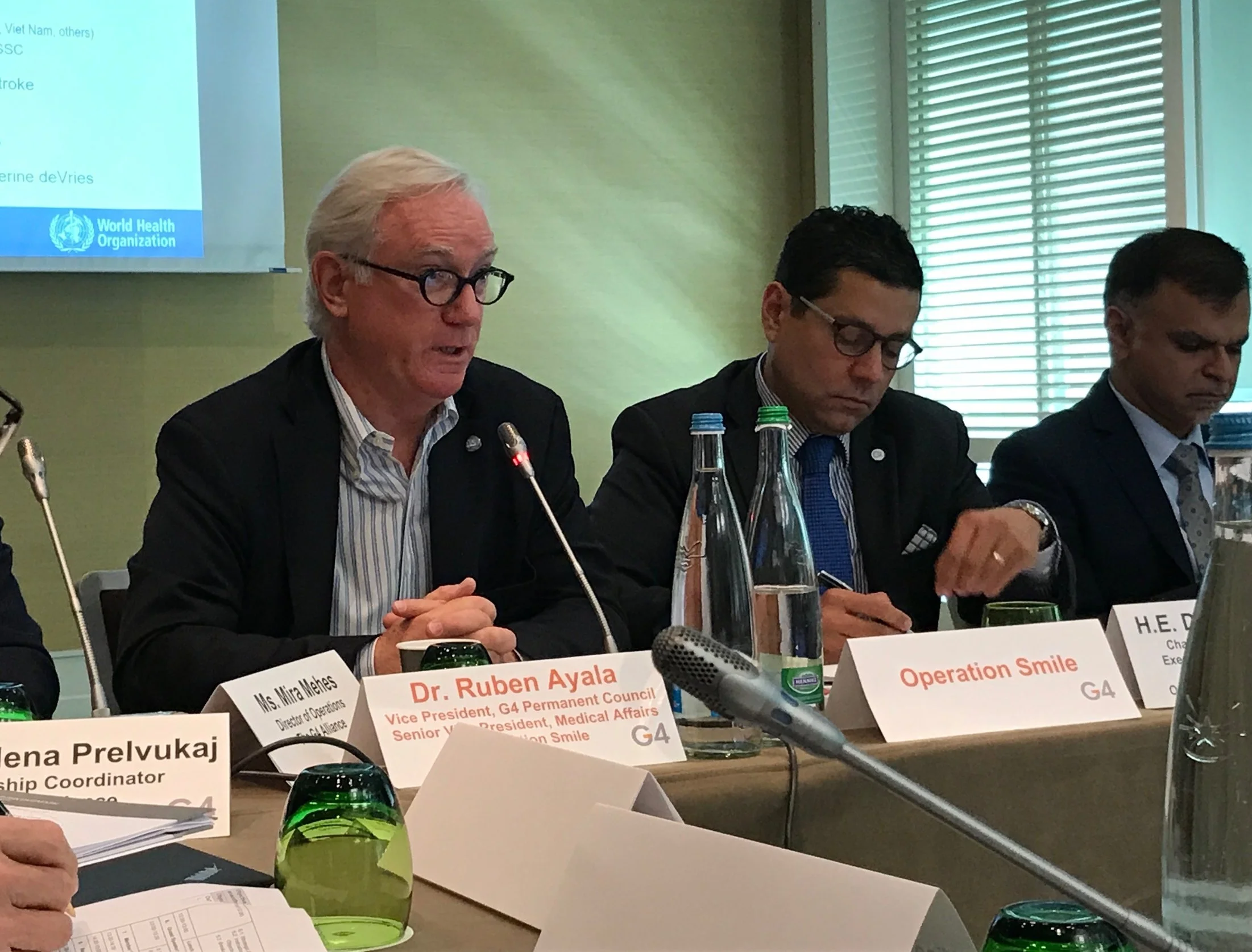 Dr. Walter Johnson providing an update on the unmet burden of the neglected surgical patient during Sunday session of the G4 Alliance meeting. To his left is the Honorable Neil Parsan, Ambassador from Trinidad to OAS and Chairman of G4 Board.