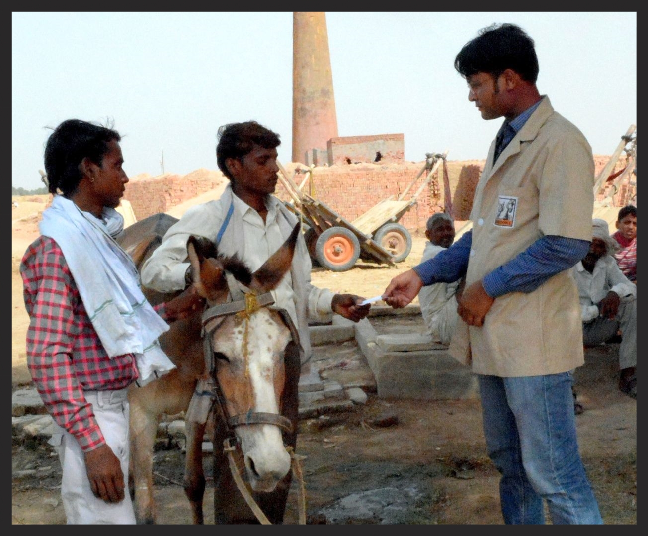 This Brooke veterinarian in India is treating a donkey and discussing her care with her owners.