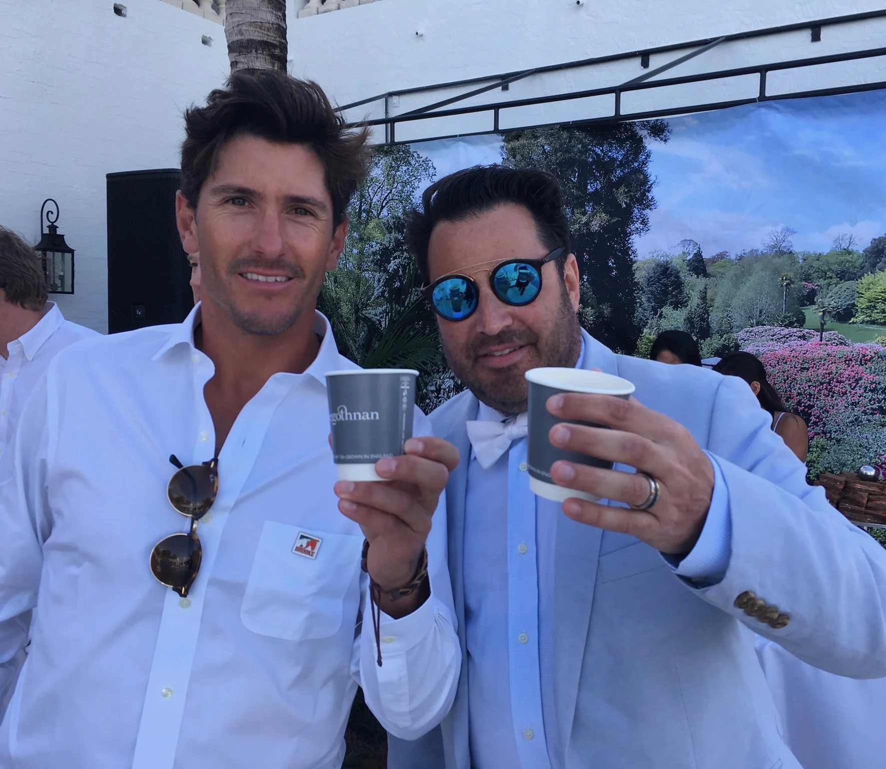 Nic Roldan & Josh Sagman sampling the new Sunset Polo tea blend by Tregothnan; Nic Roldan's 2nd Annual Sunset Polo & White Party.jpg