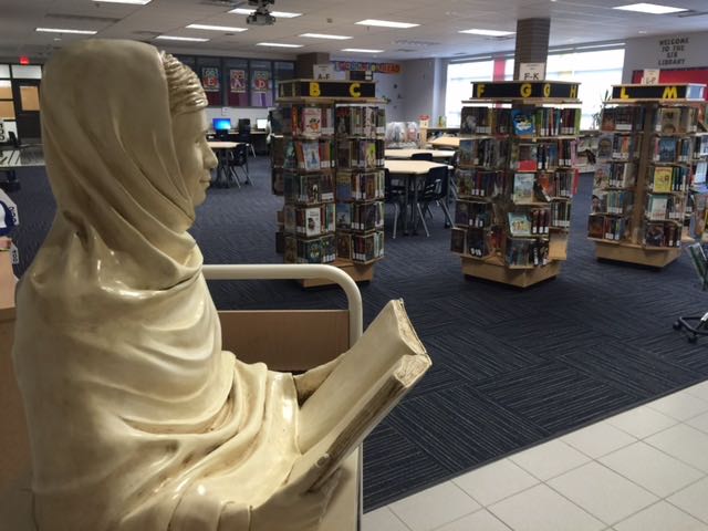 Malala sculpture at home in Sir Isaac Brock PS Library