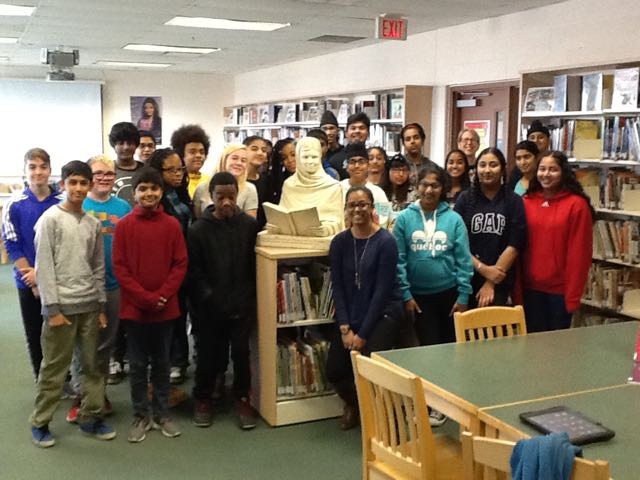 Malala sculpture at home in Royal Orchard Middle School library